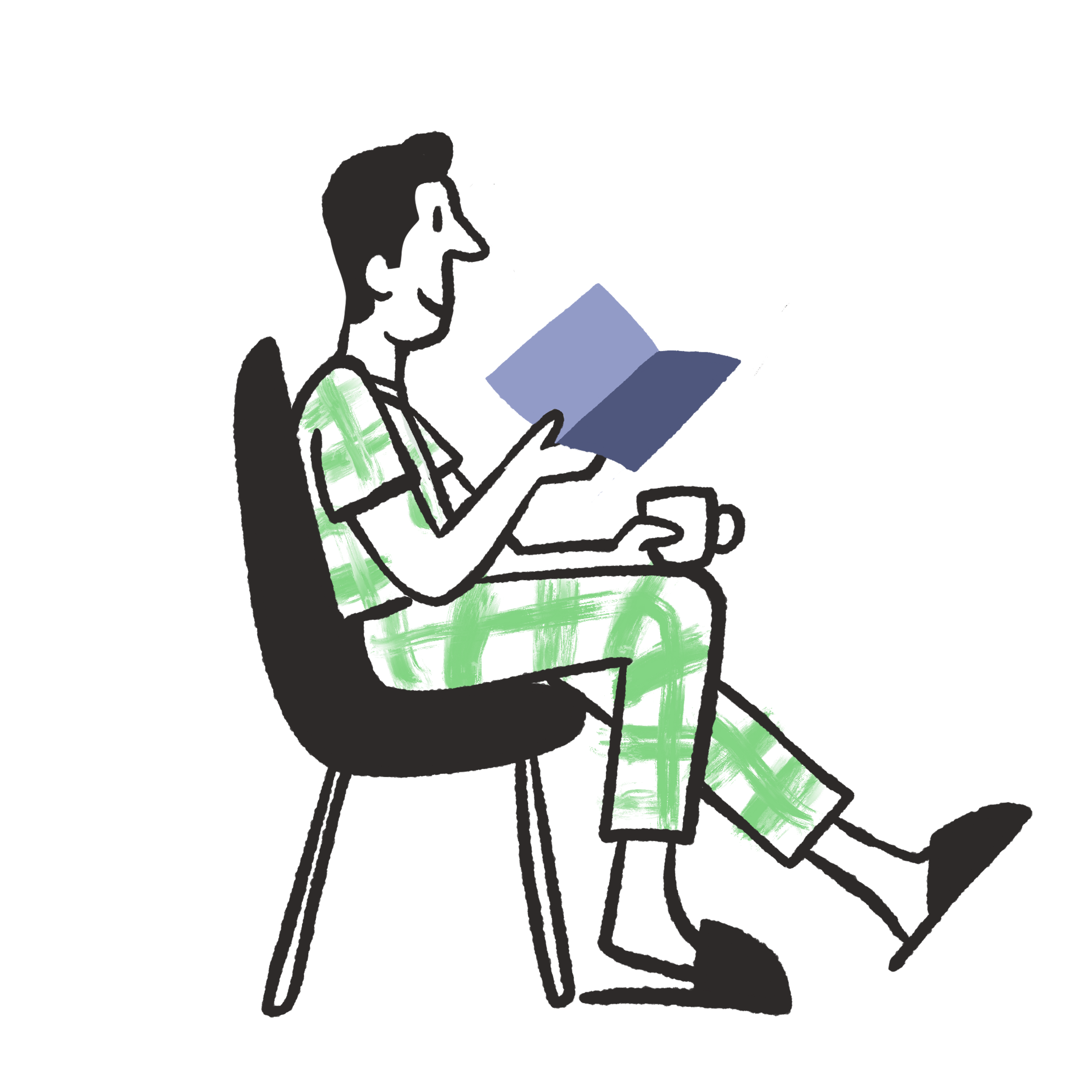 Illustration of man reading and drinking coffee in storage unit