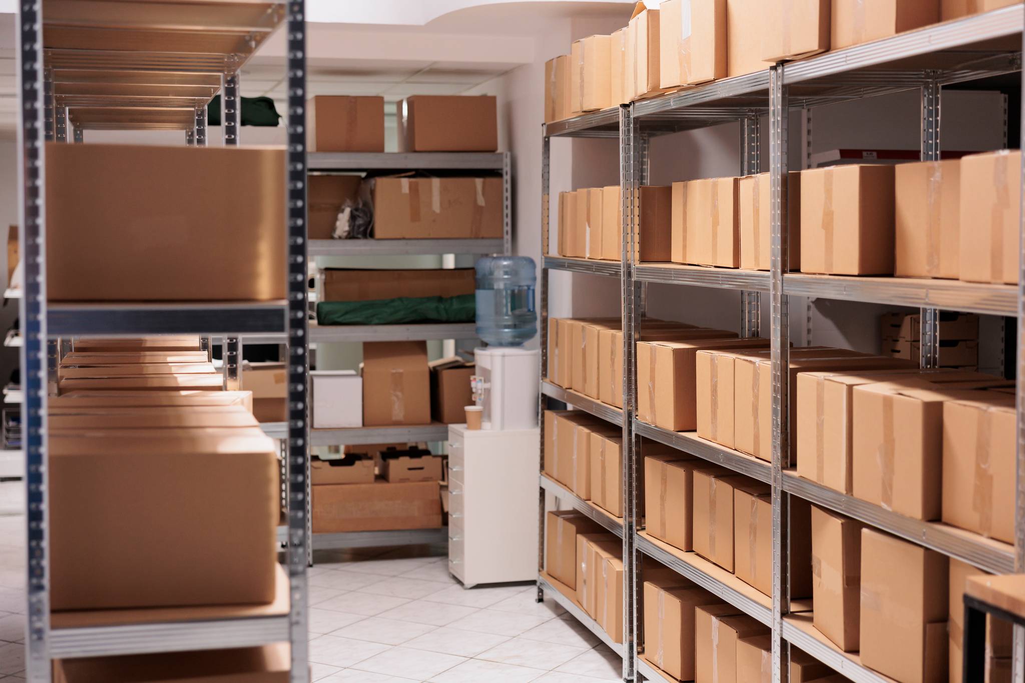 Storehouse with boxes on shelves