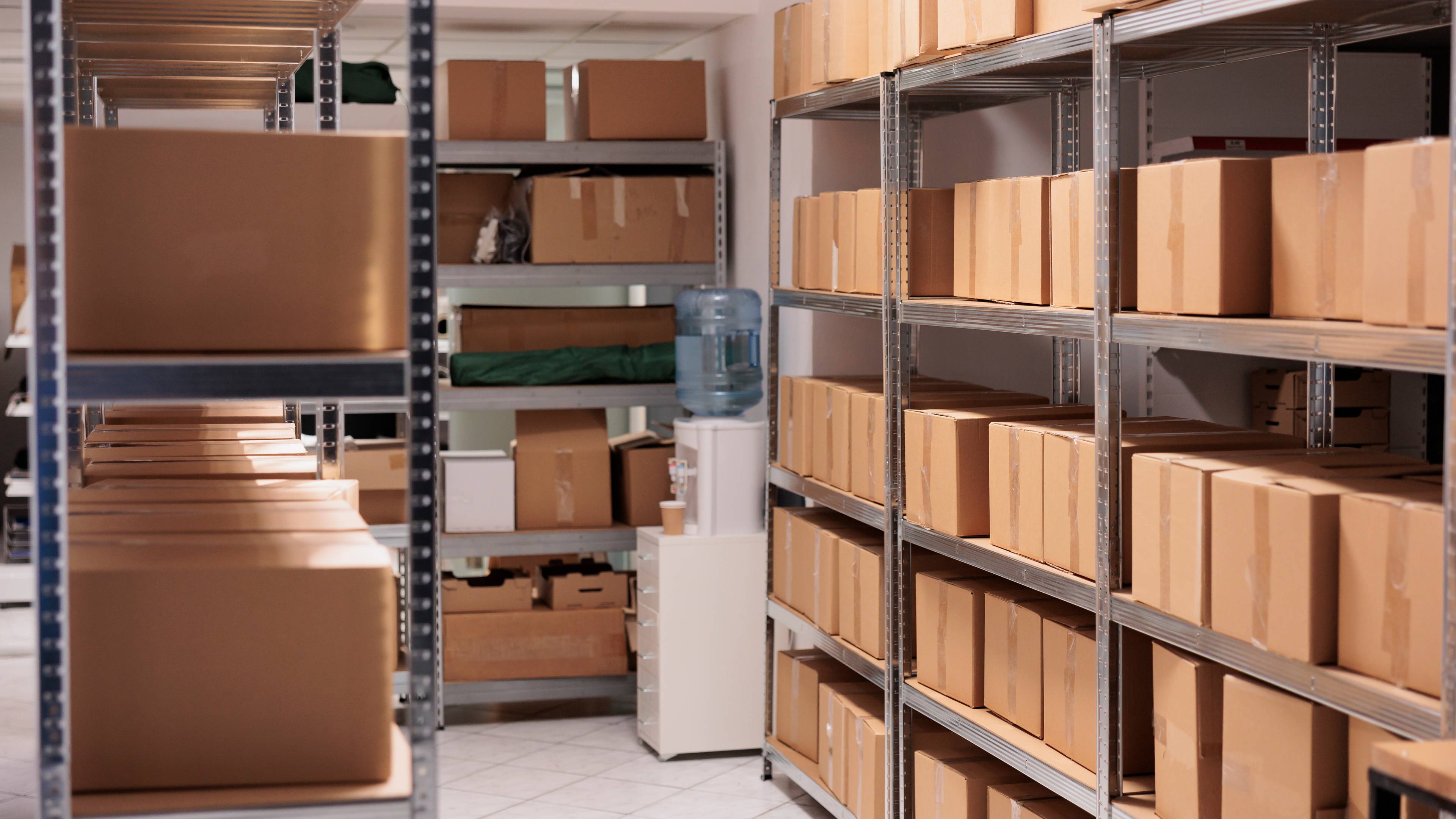 A warehouse with shelves of boxes