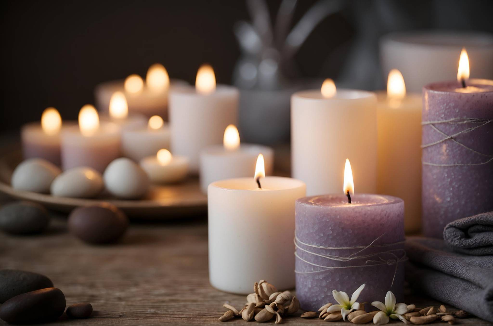 A group of purple and white candles, along with some smooth stones