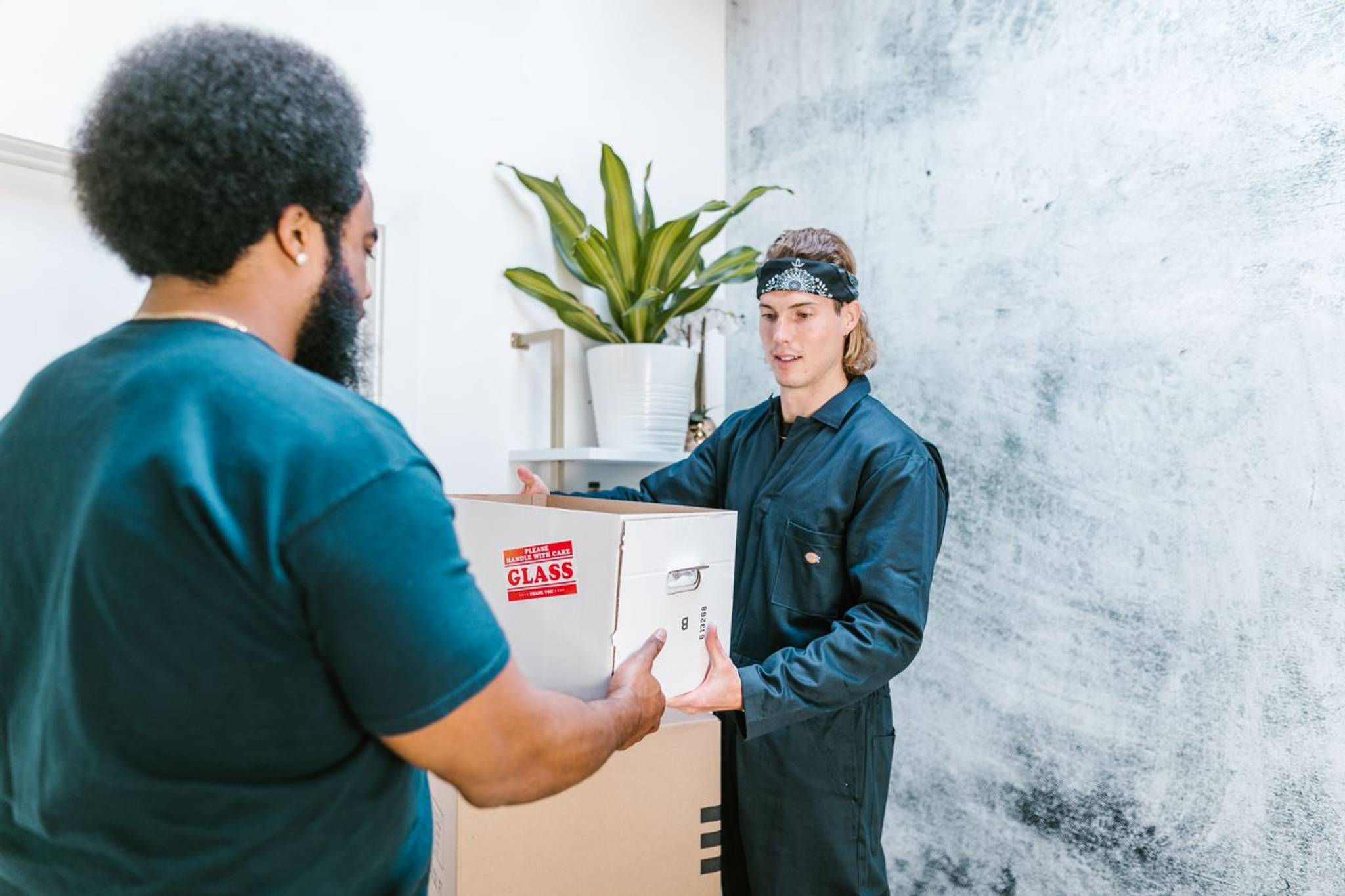 removals men carrying box in office