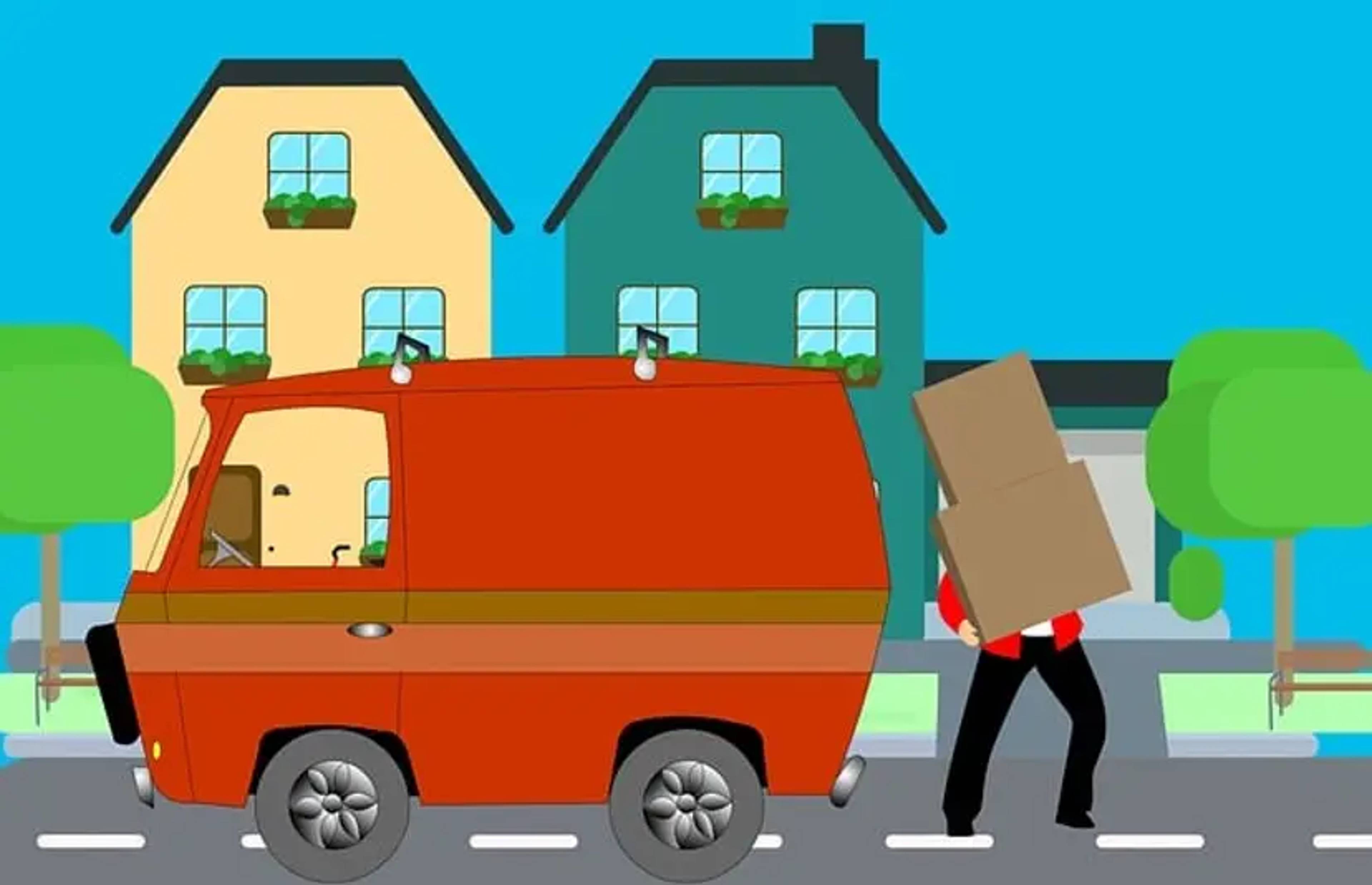 Illustration of man with boxes and red van