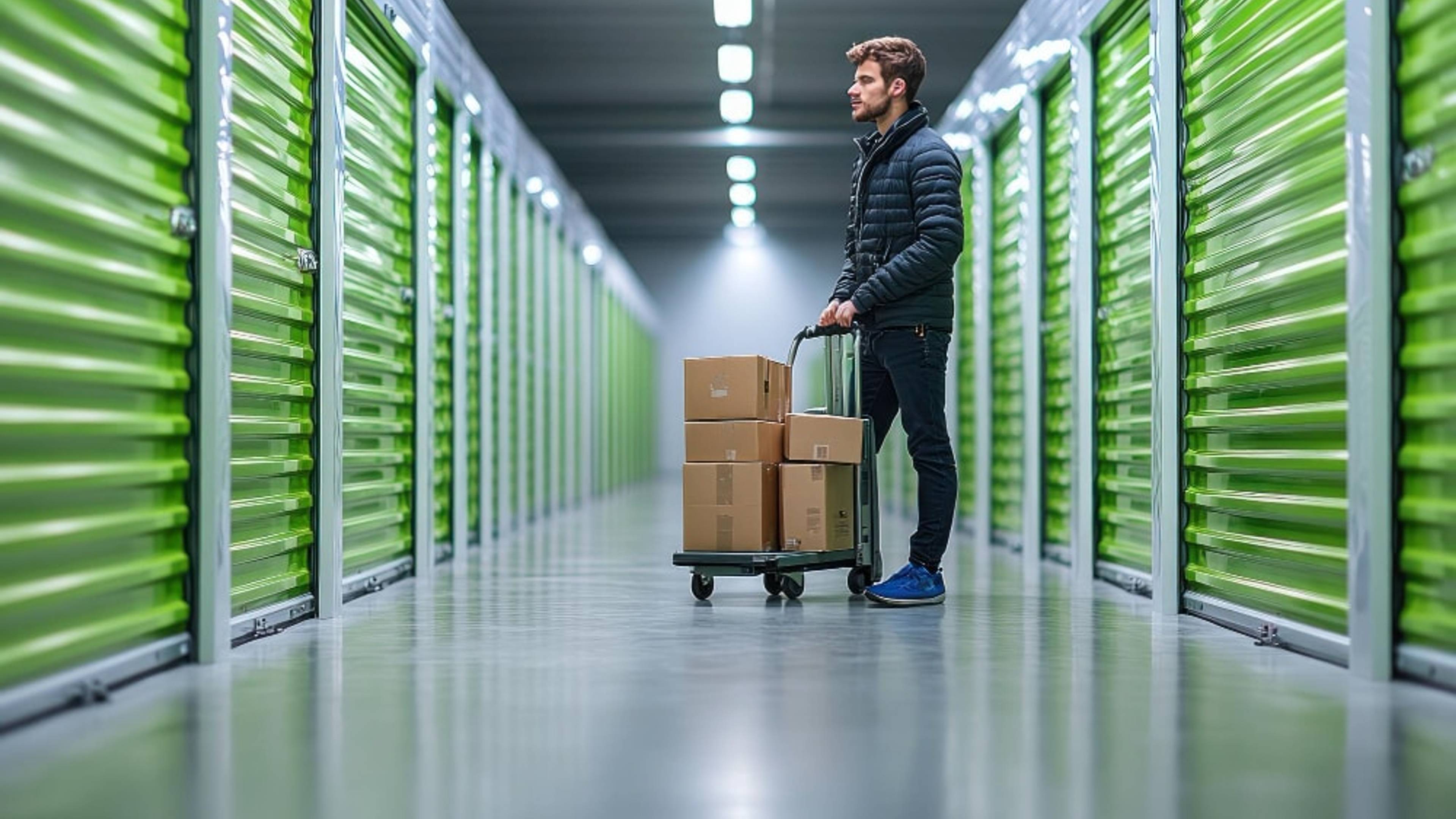 A man stands in front of a storage unit, with boxes