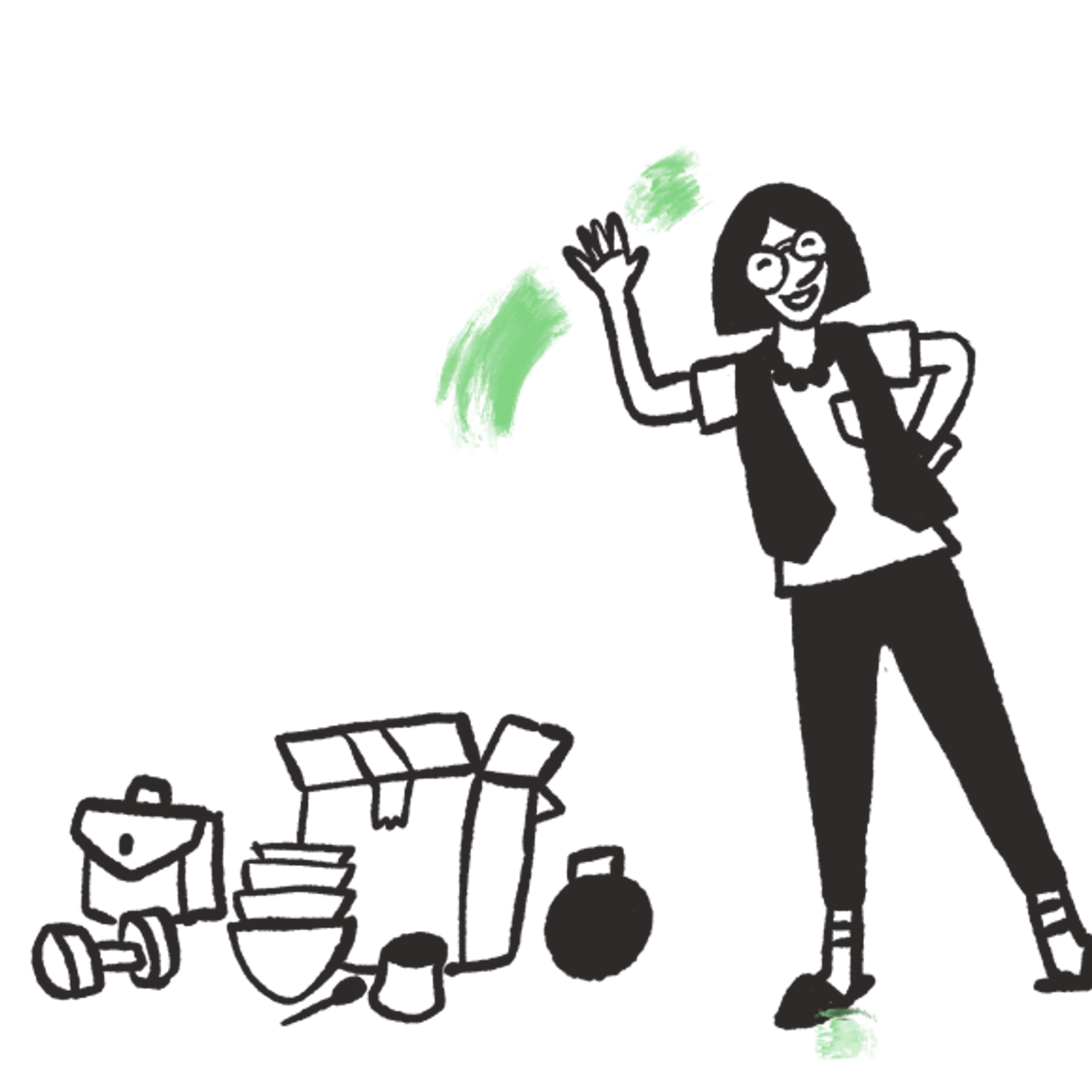 woman waving next to boxes cartoon