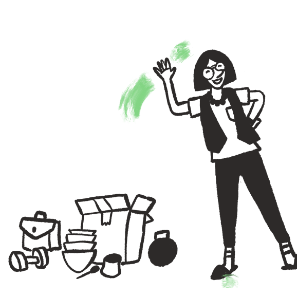 illustration of woman next to storage stuff waving
