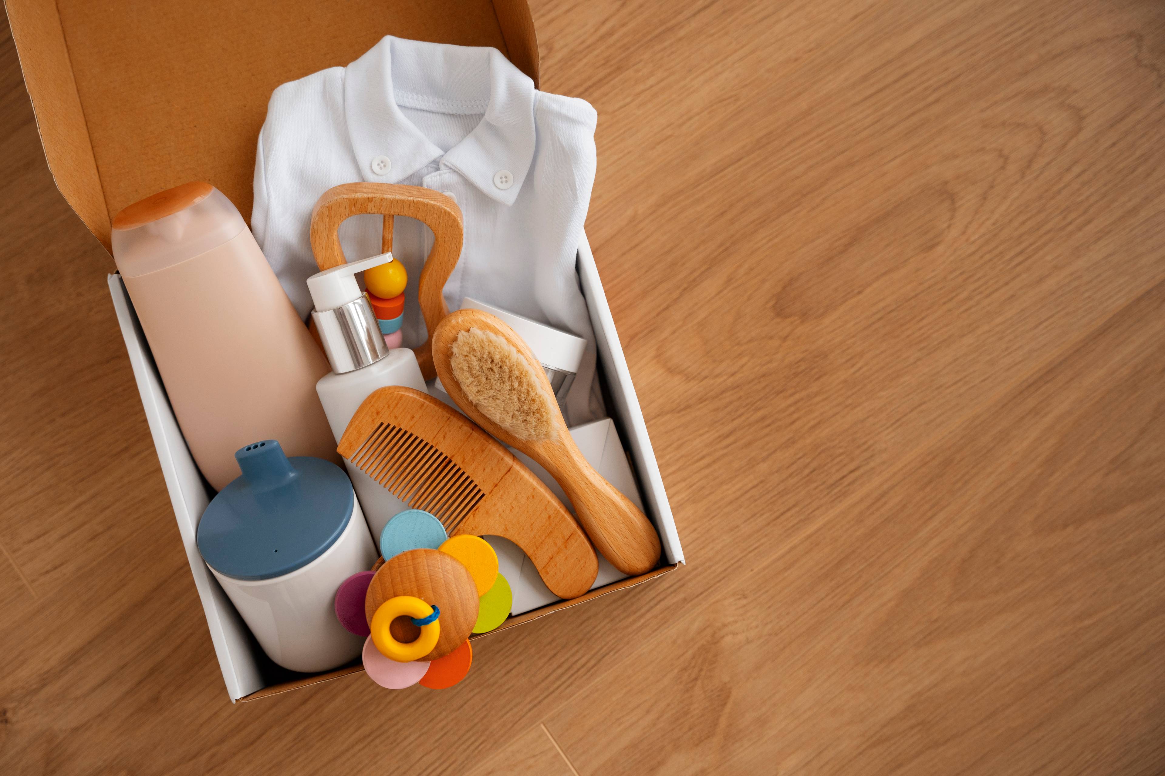 Top view postpartum box still life