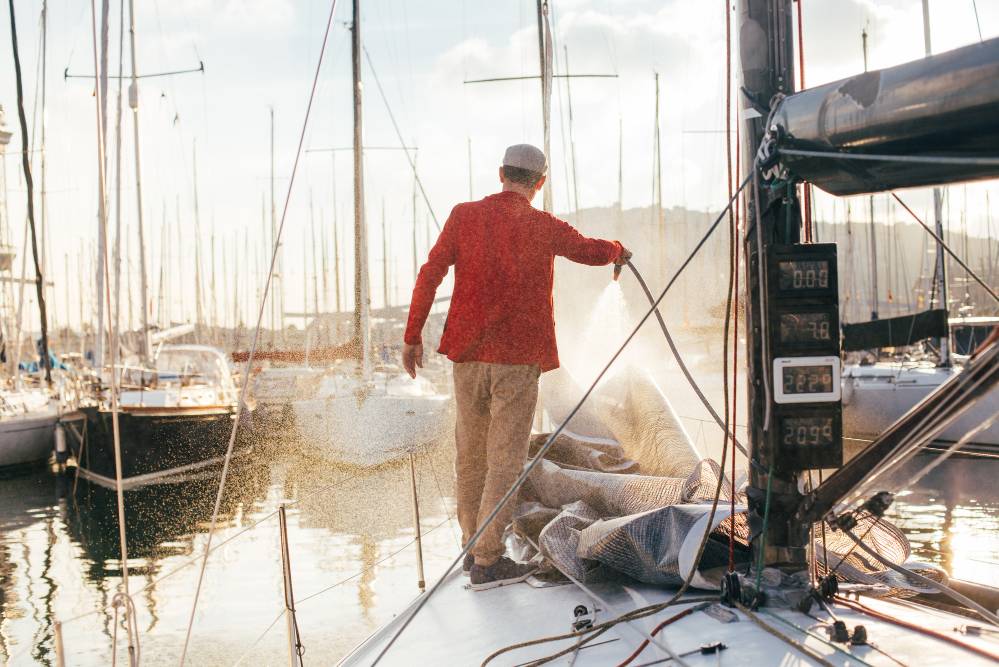 Man cleaning a boat in a marina during a sunset