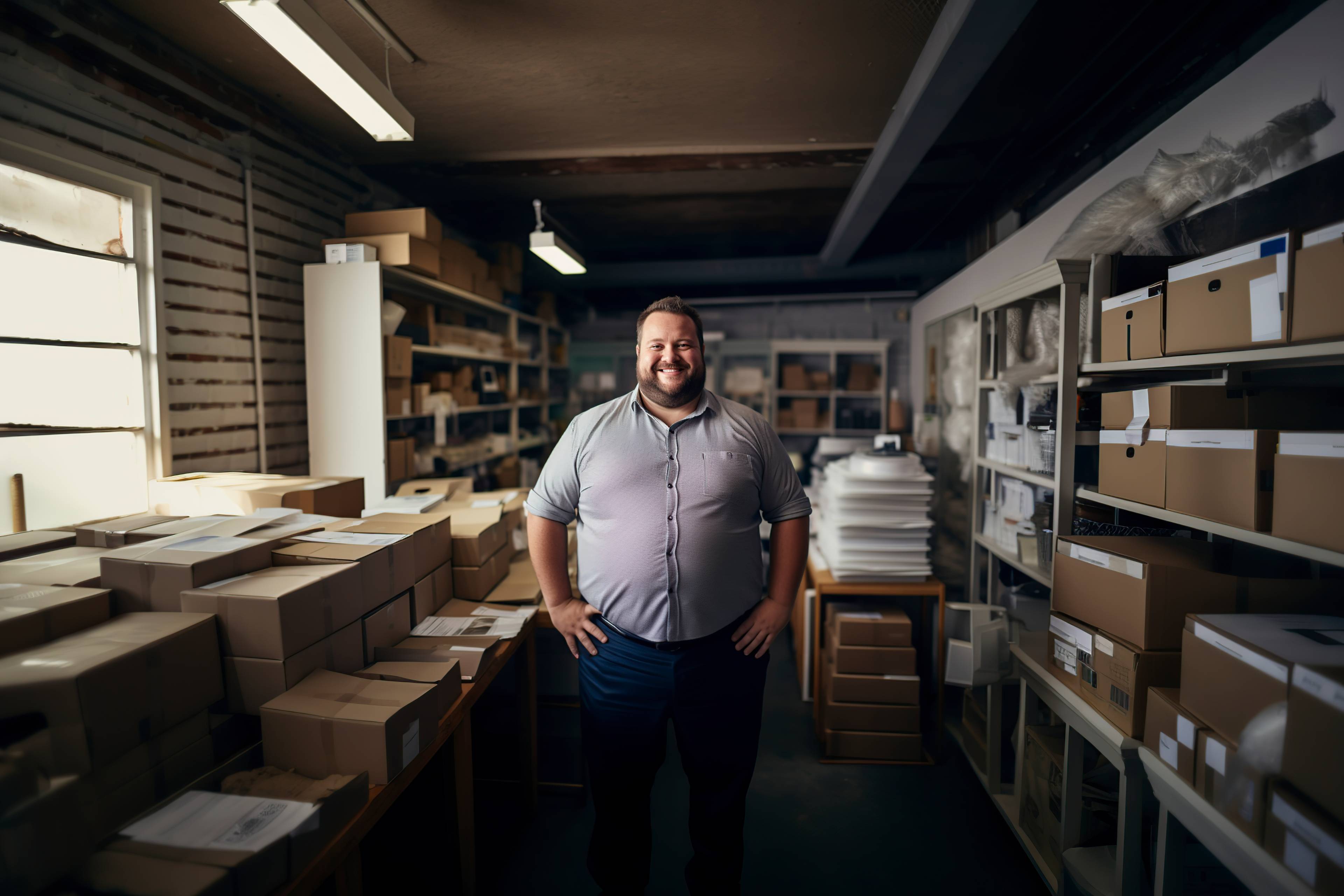 happy, large man with business stock in garage