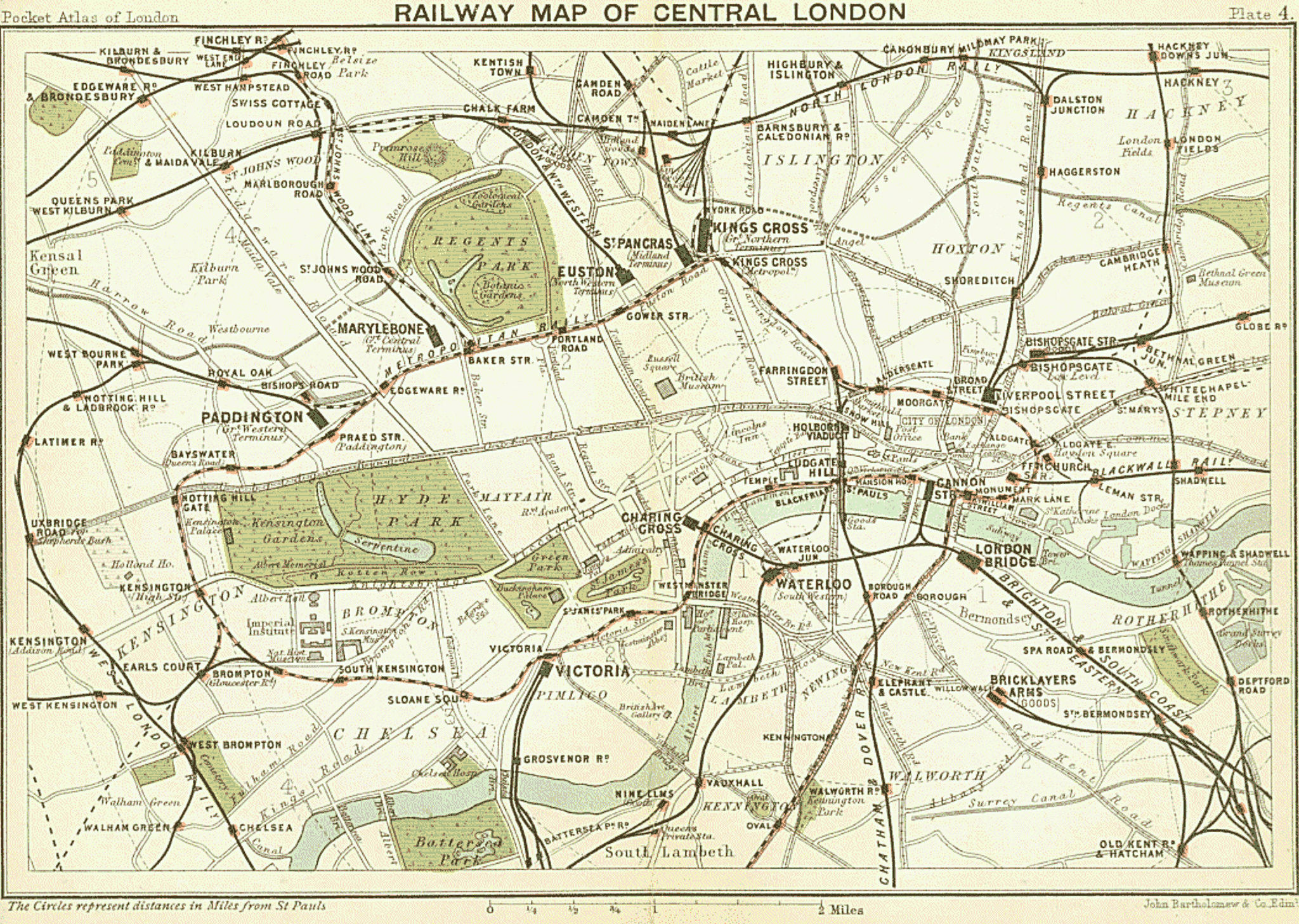 Railway map of London, 1899, from The Pocket Atlas and Guide to London
