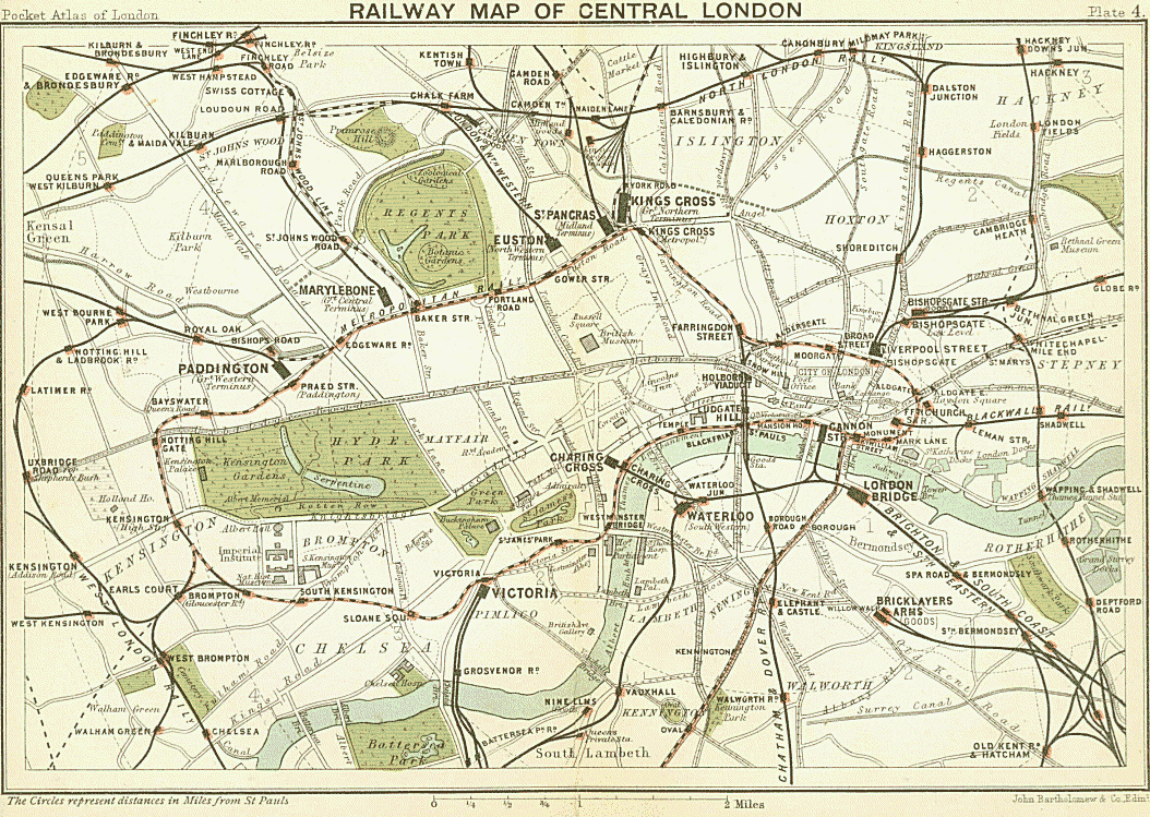 Railway map of London, 1899, from The Pocket Atlas and Guide to London
