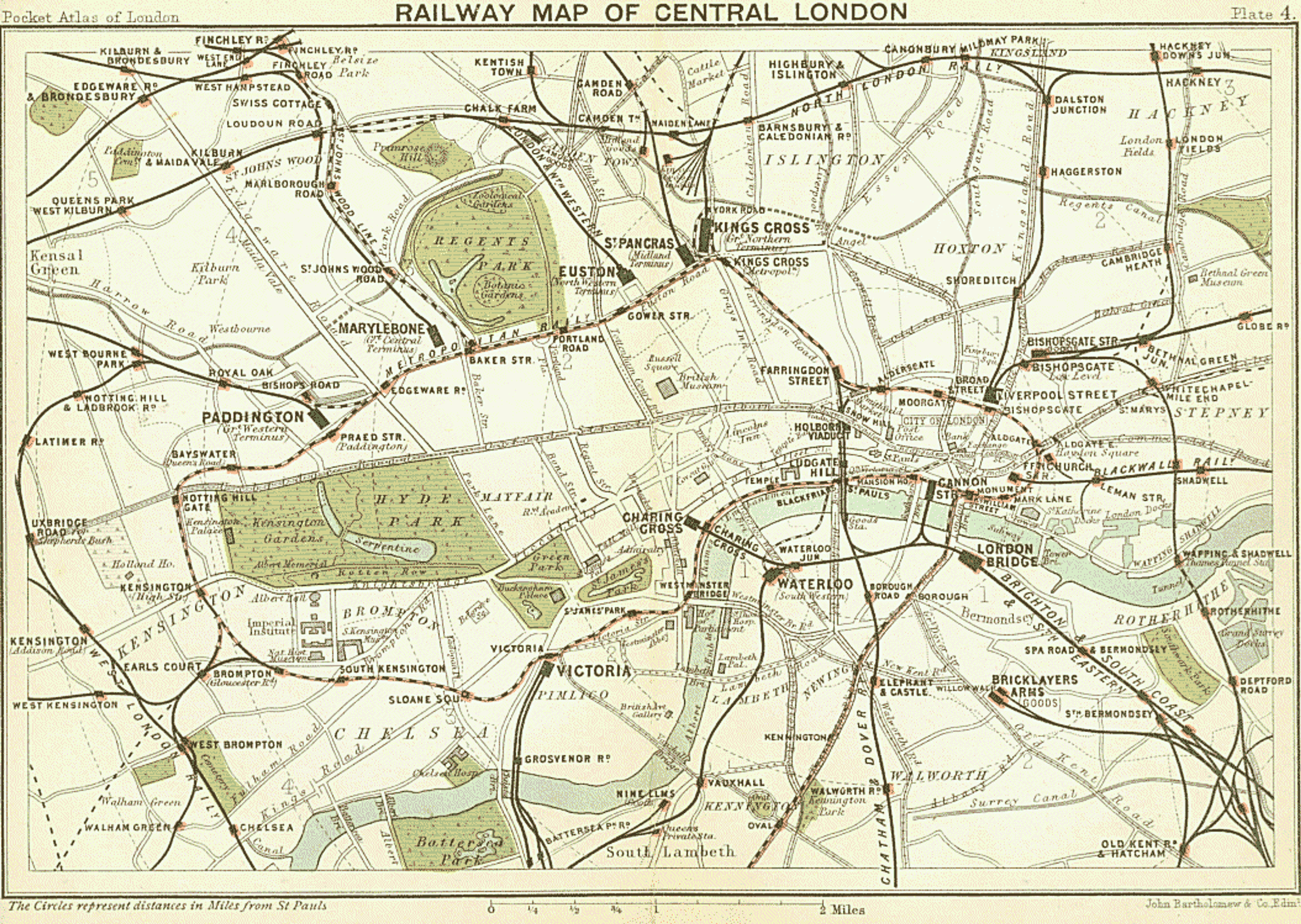 Railway map of London, 1899, from The Pocket Atlas and Guide to London