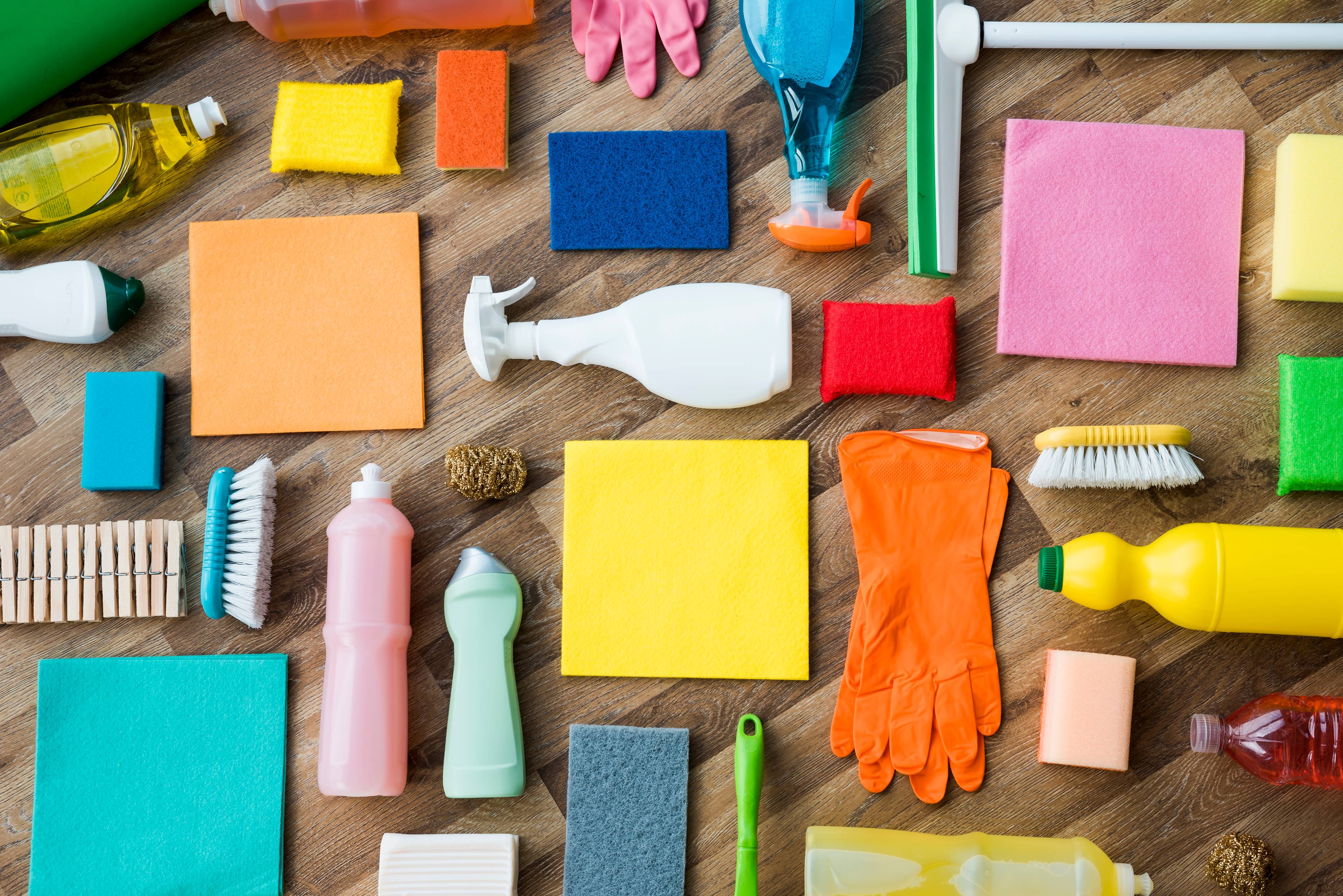 Cleaning materials placed on the floor