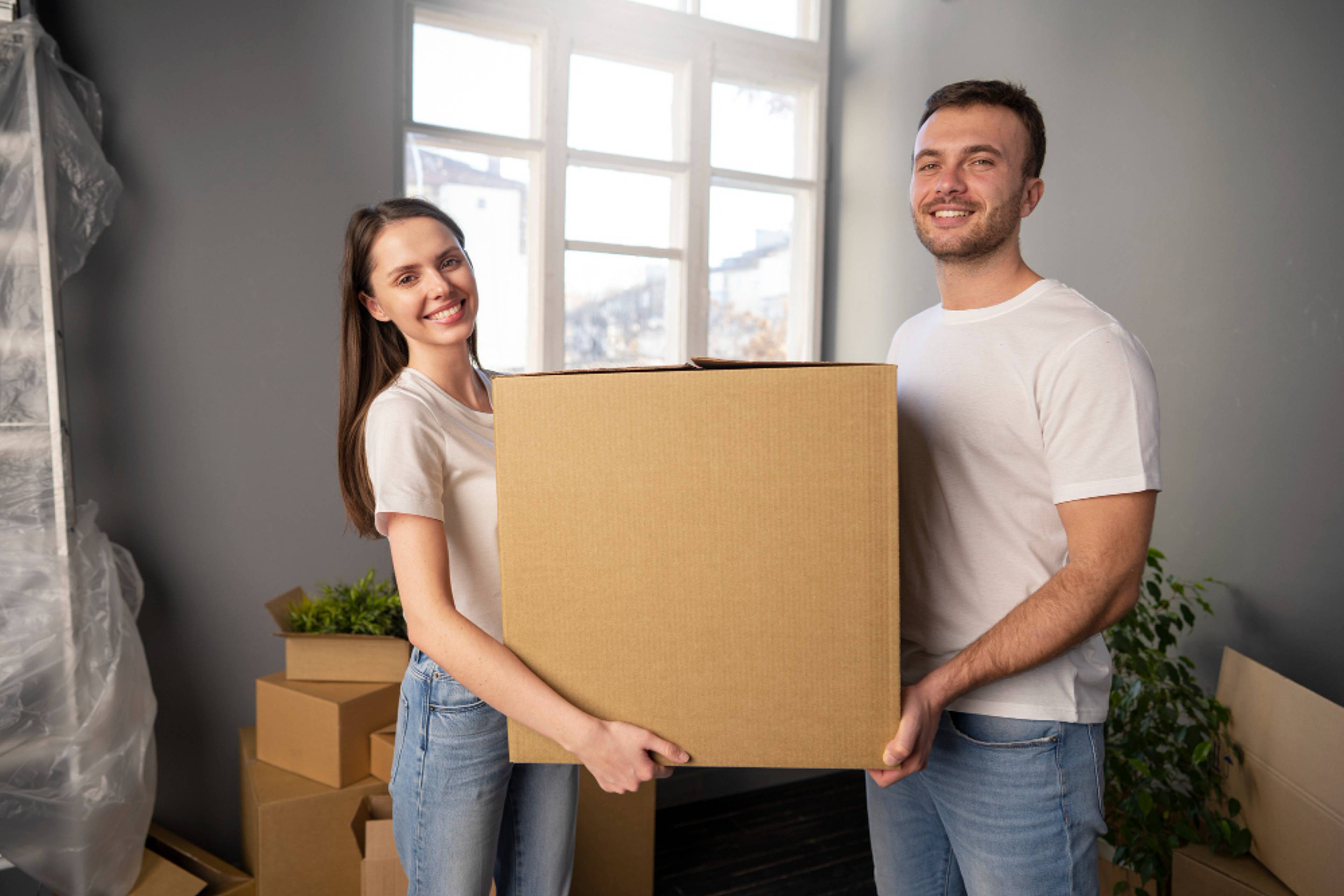 A couple hold a box together, smiling at the camera