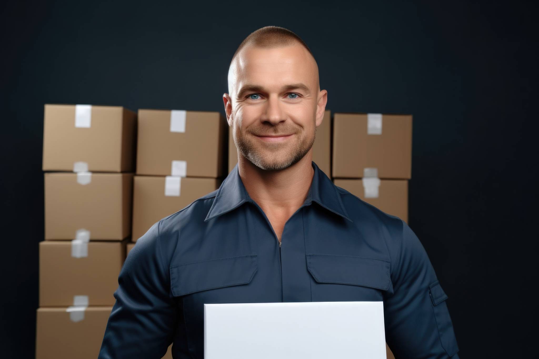 happy man with boxes in the background