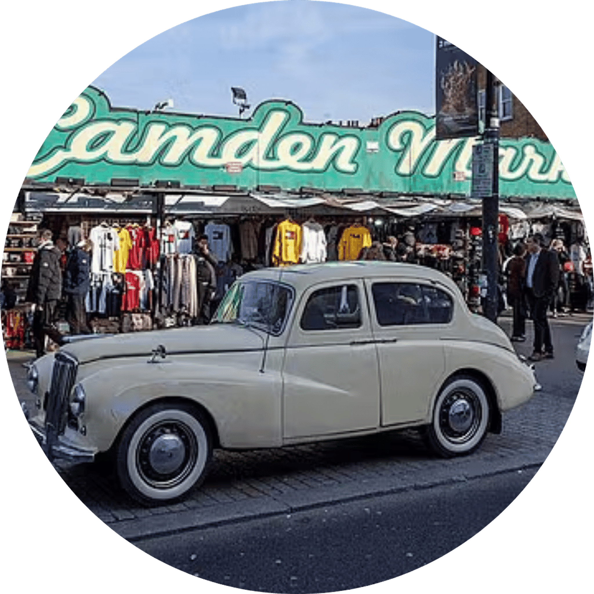 camden market classic car in front of stalls