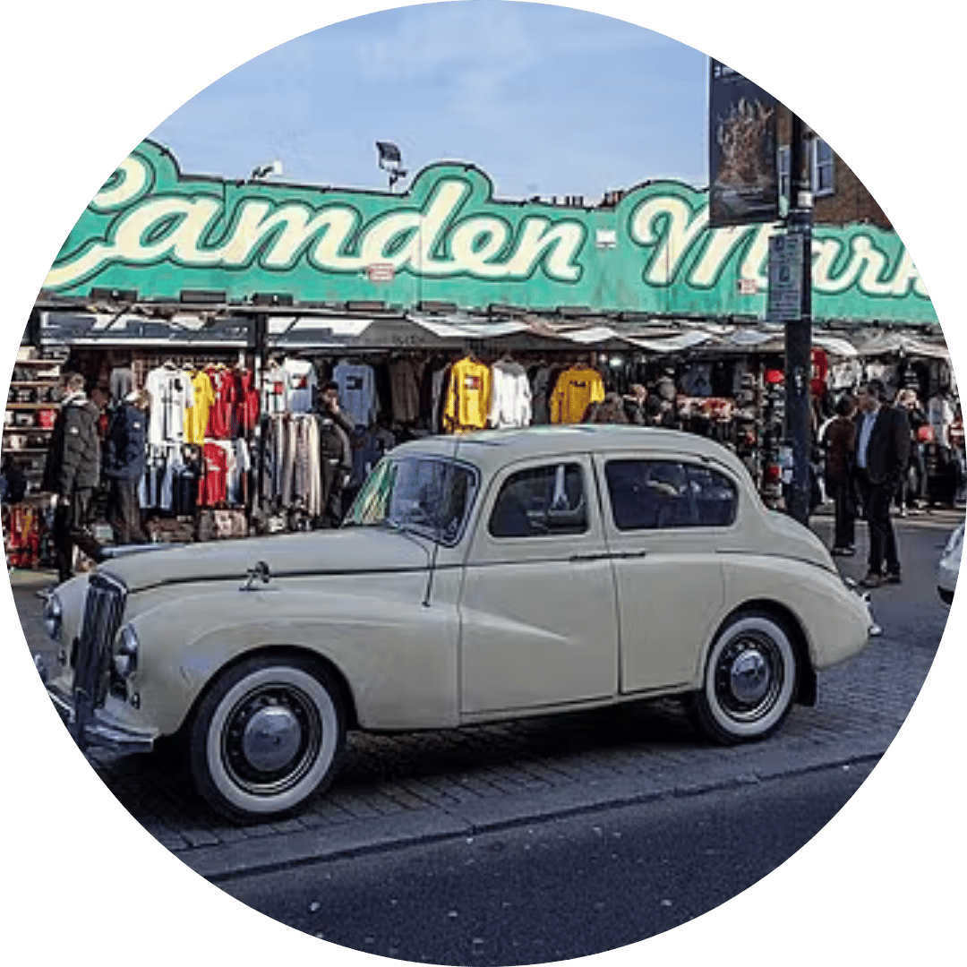 camden market classic car in front of stalls