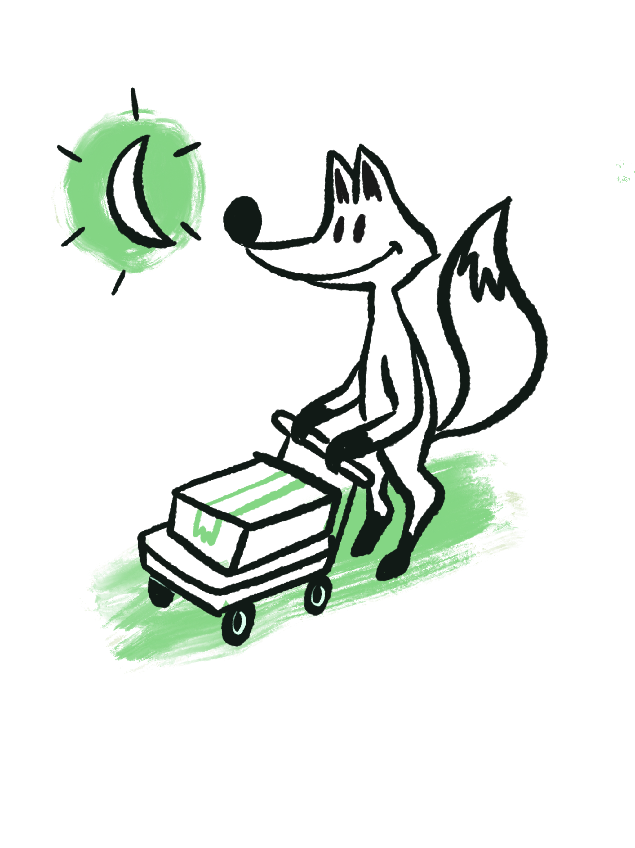 Illustration of fox pushing trolley of boxes