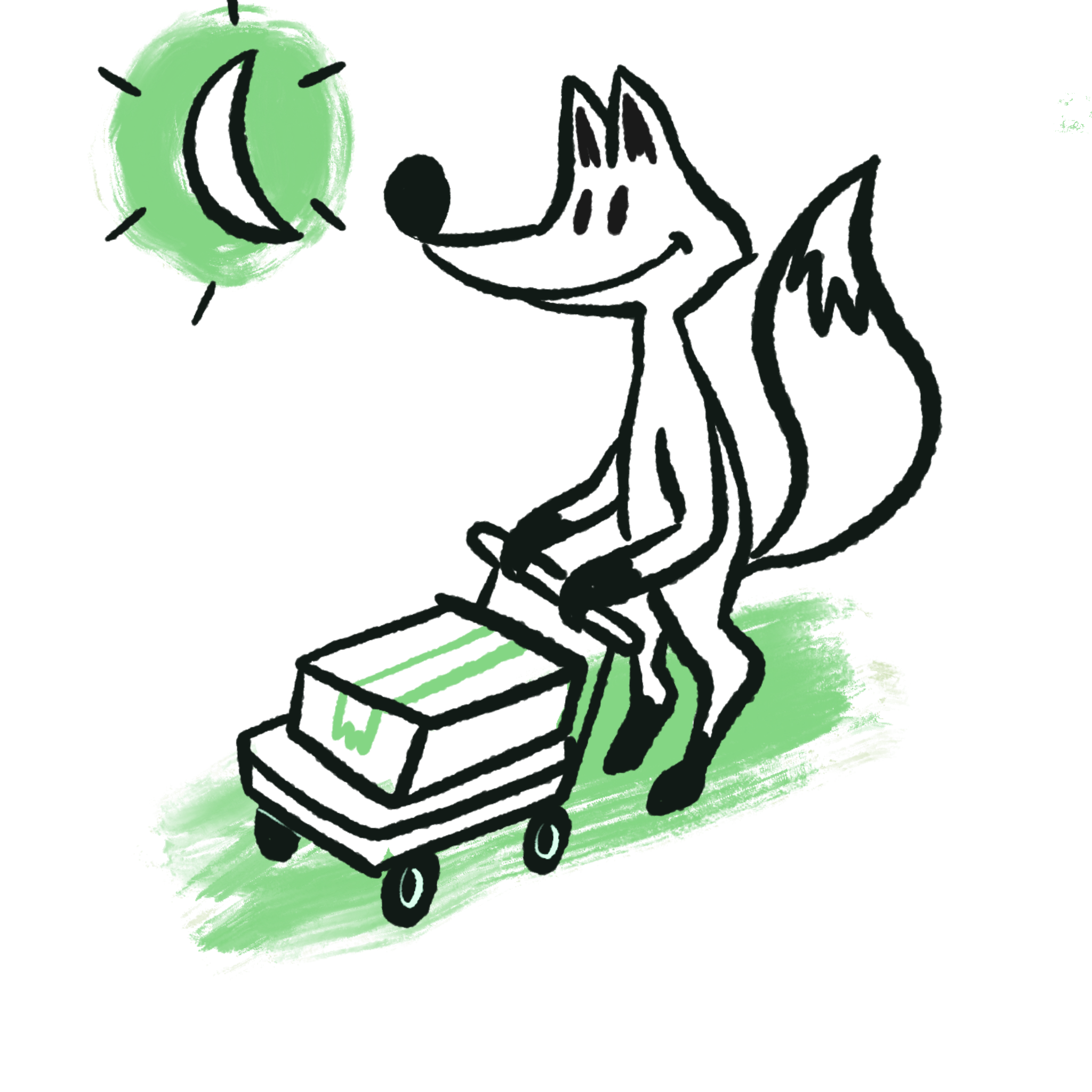 Illustration of fox pushing trolley of boxes