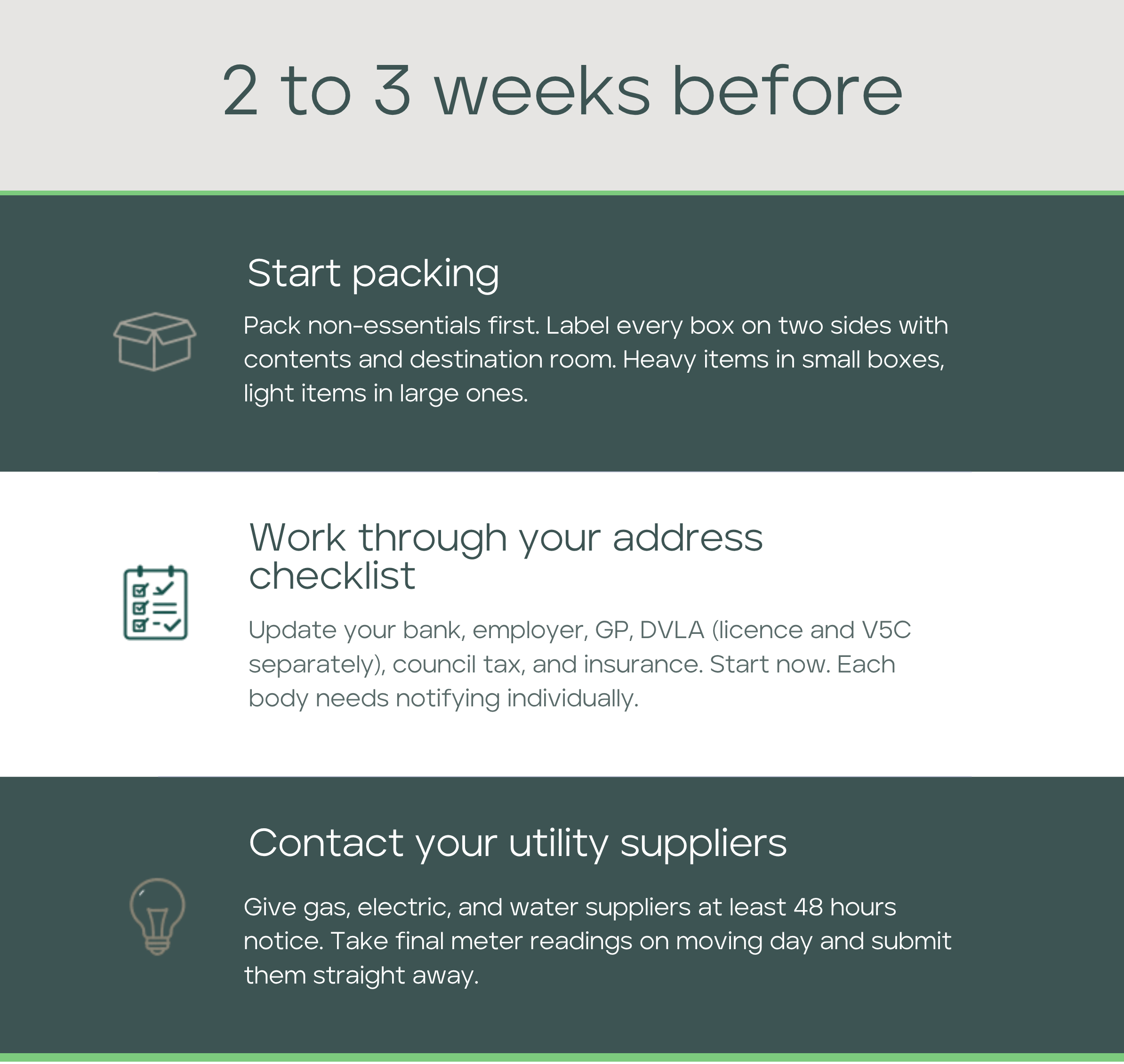 2-3 weeks before moving checklist, packing address checklist, utility suppliers 