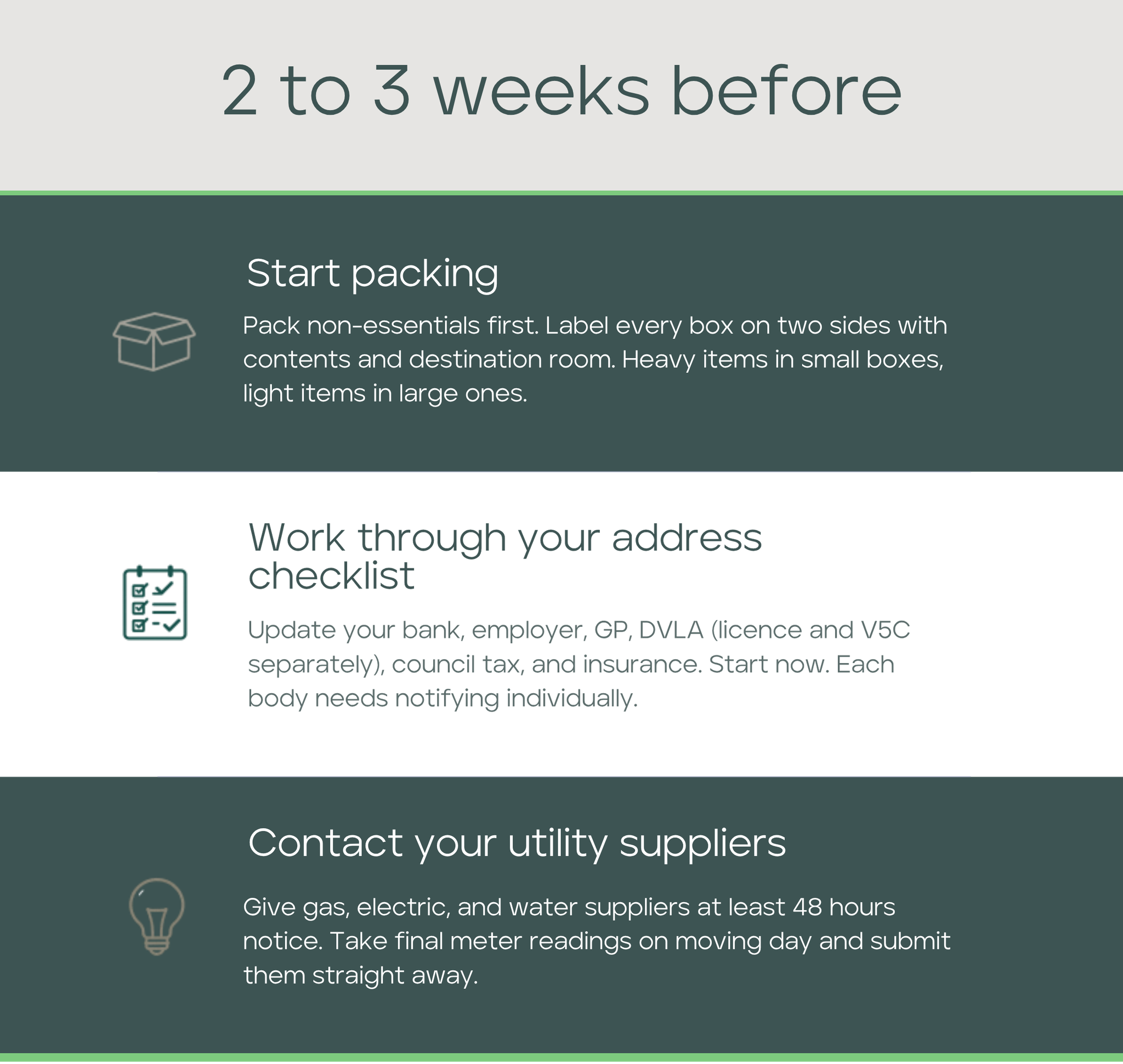 2-3 weeks before moving checklist, packing address checklist, utility suppliers