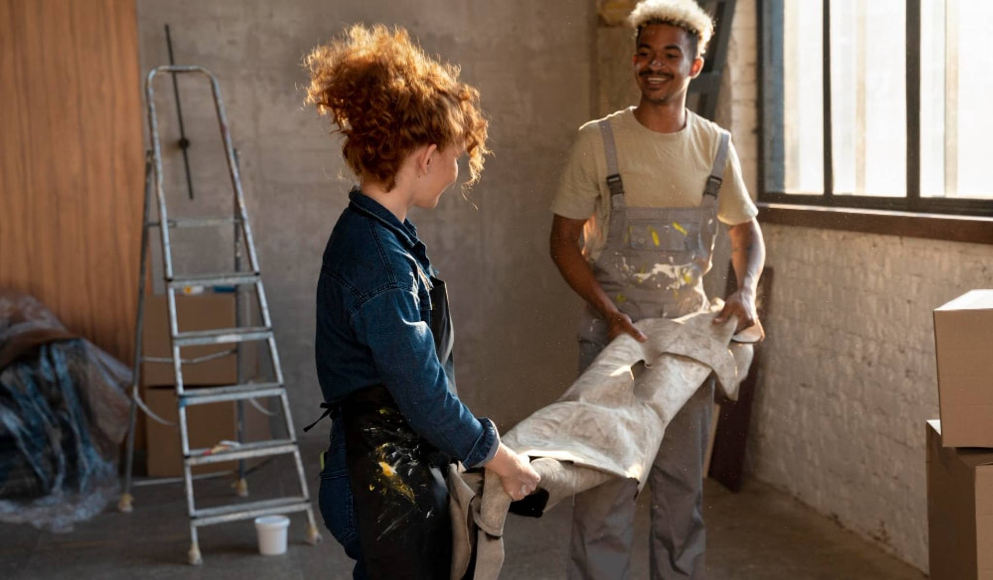 Two people carry rubbish as they renovate a room