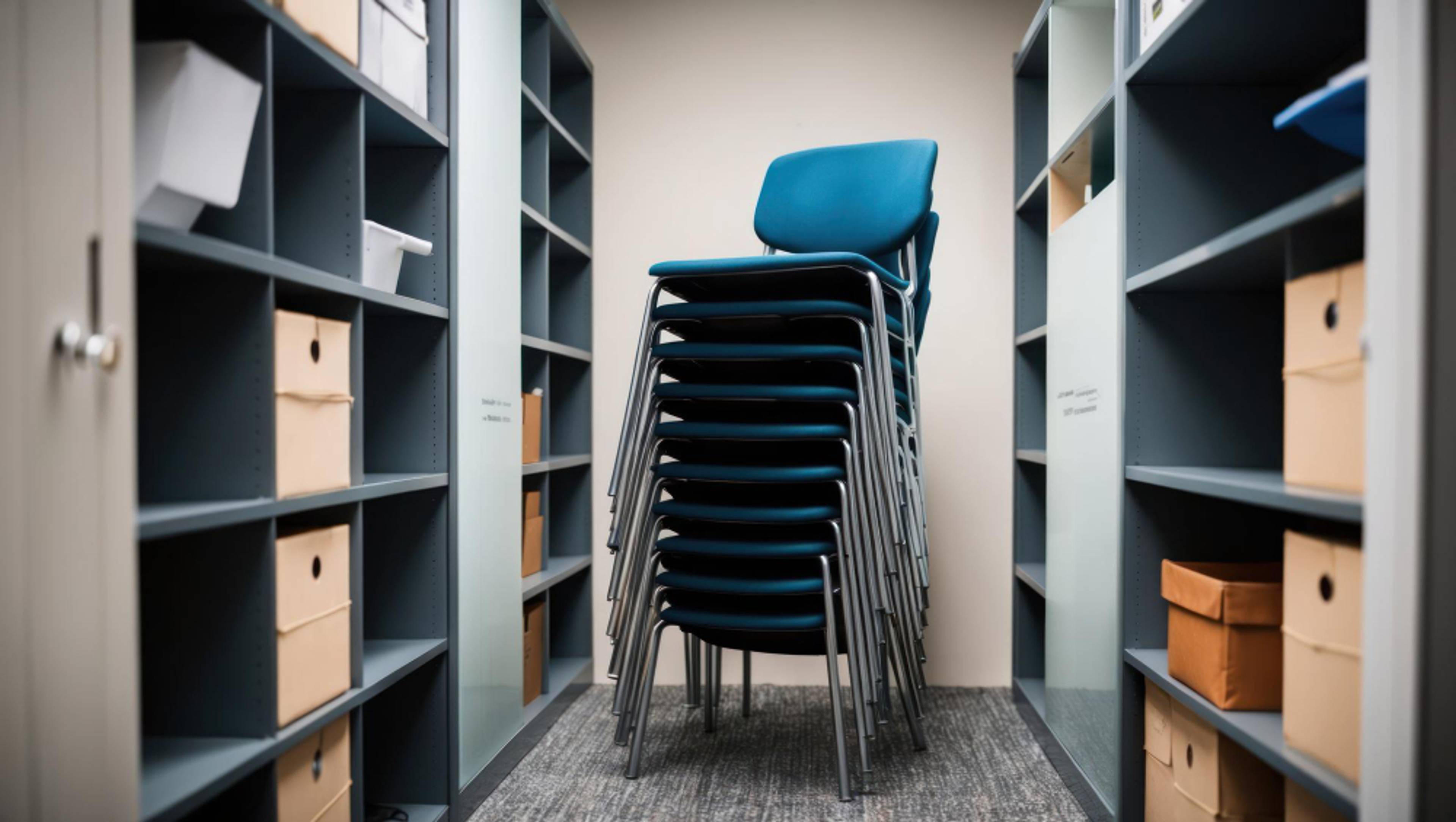 Chairs stacked in cramped office storage