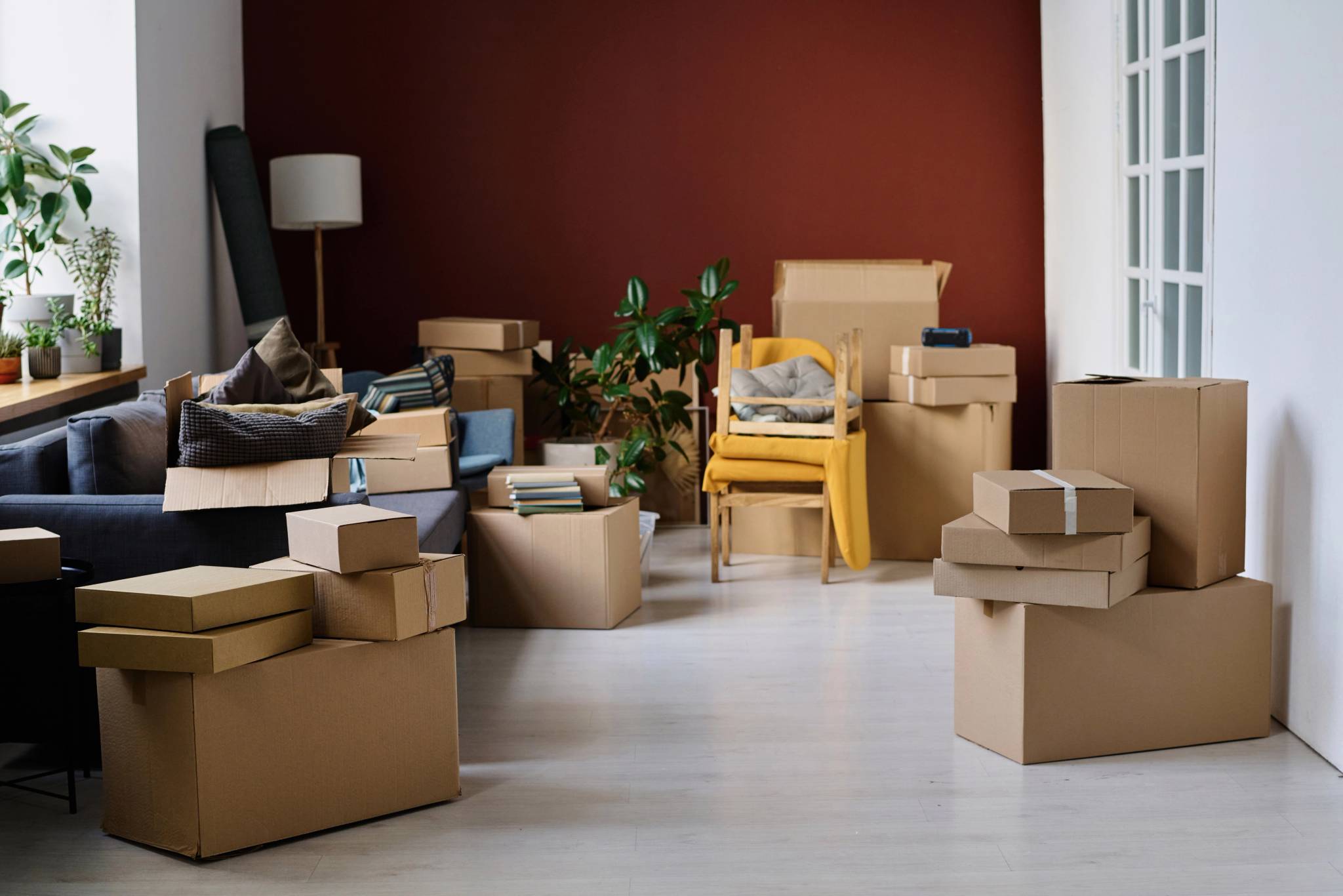 Modern apartment with cardboard boxes