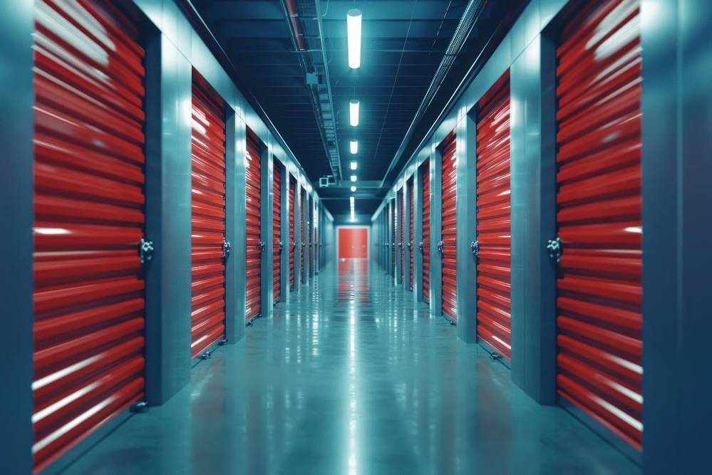 AI generated image of a hallway with storage units on each side