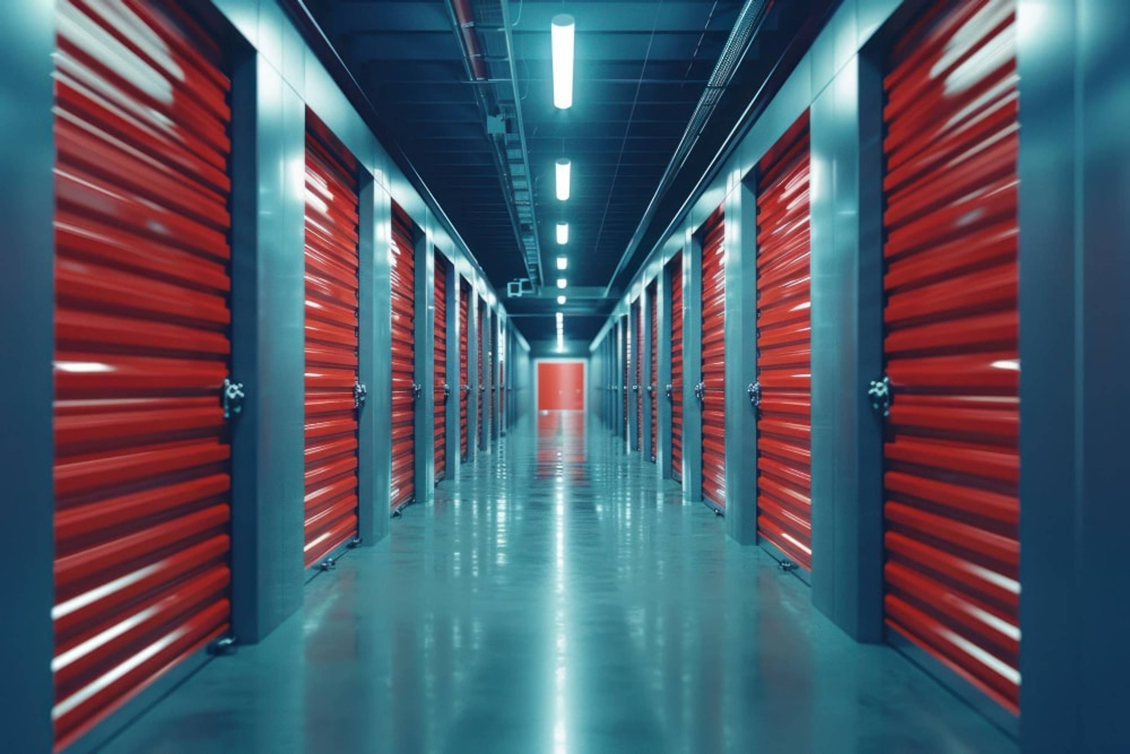 AI generated image of a hallway with storage units on each side