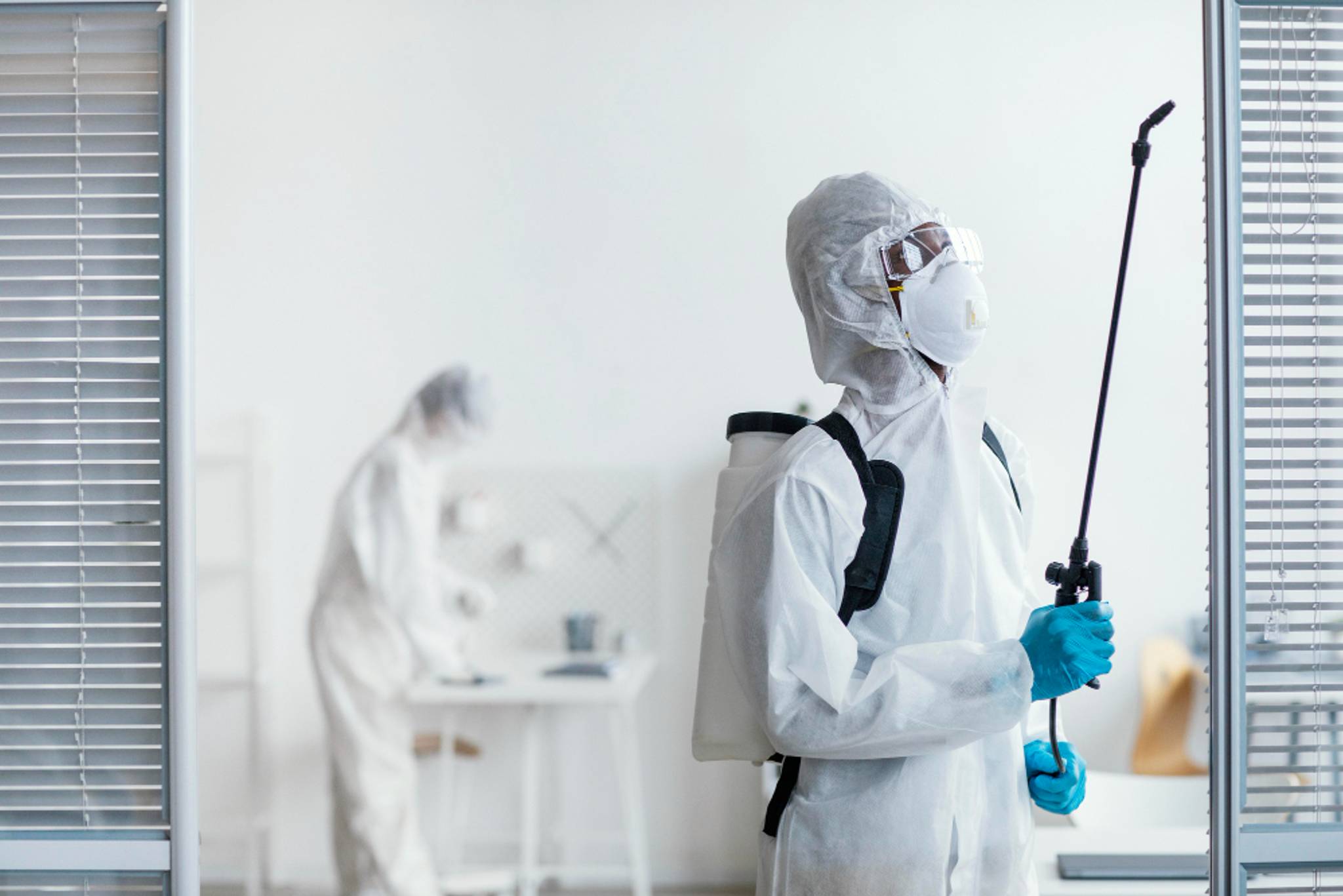 People in protective clothing and face masks spraying pest removal