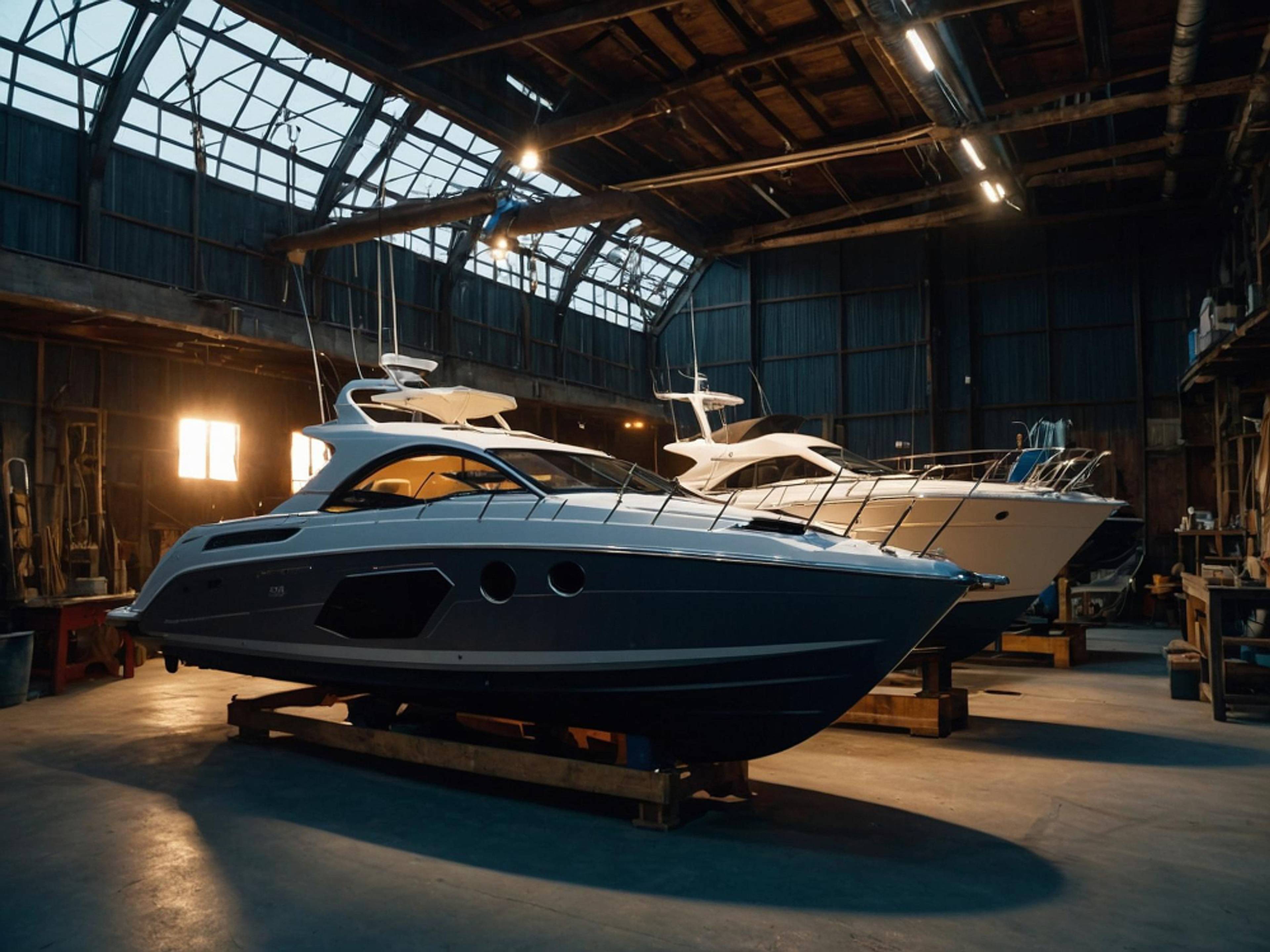 Two boats stored in a large garage