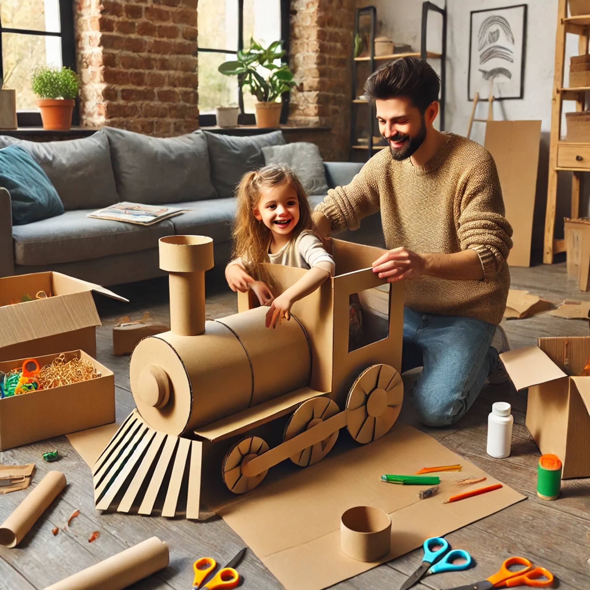 Dad playing with daughter in a cardboad train