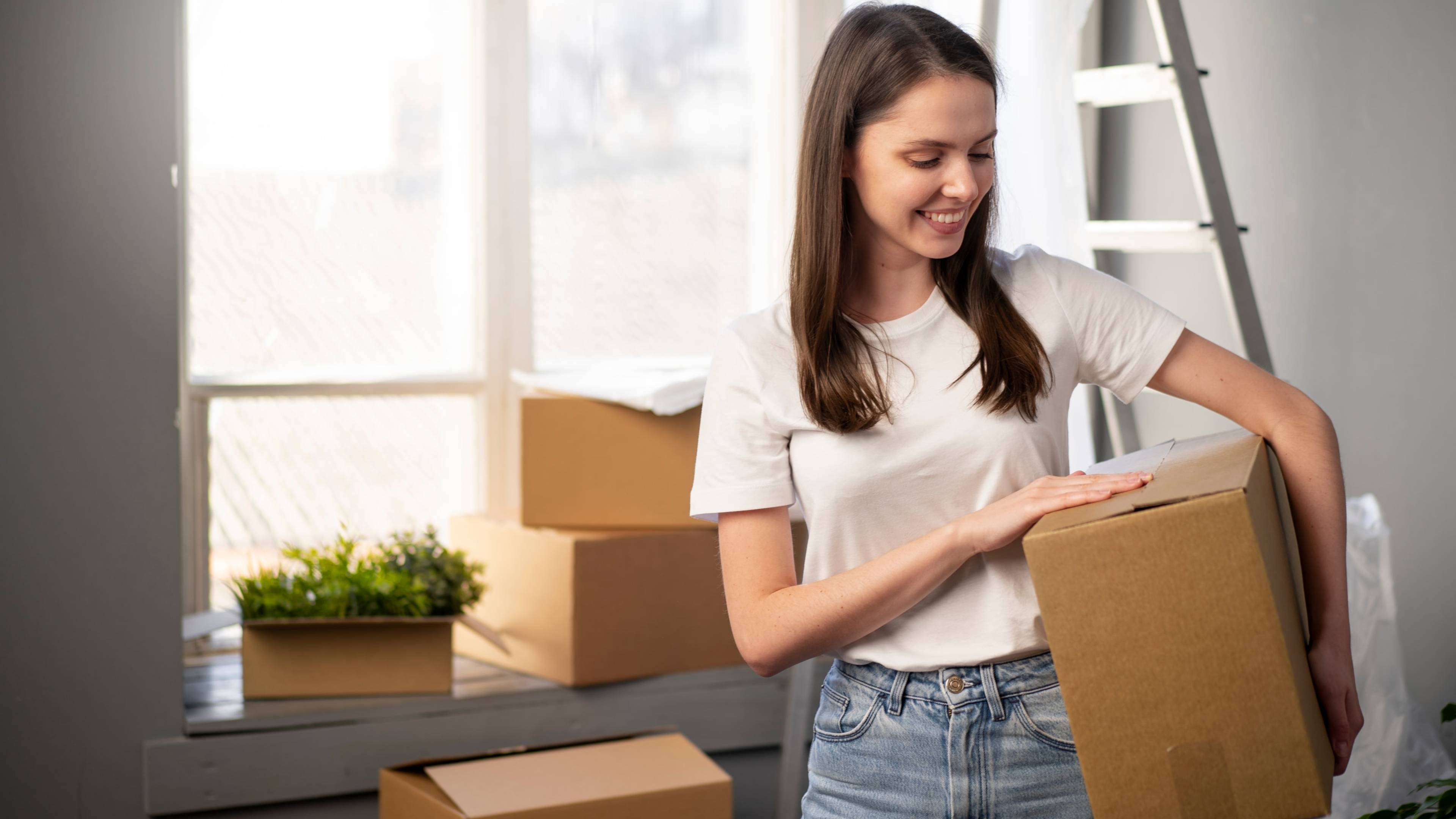 Young woman carrying boxes, with several other boxes in the background