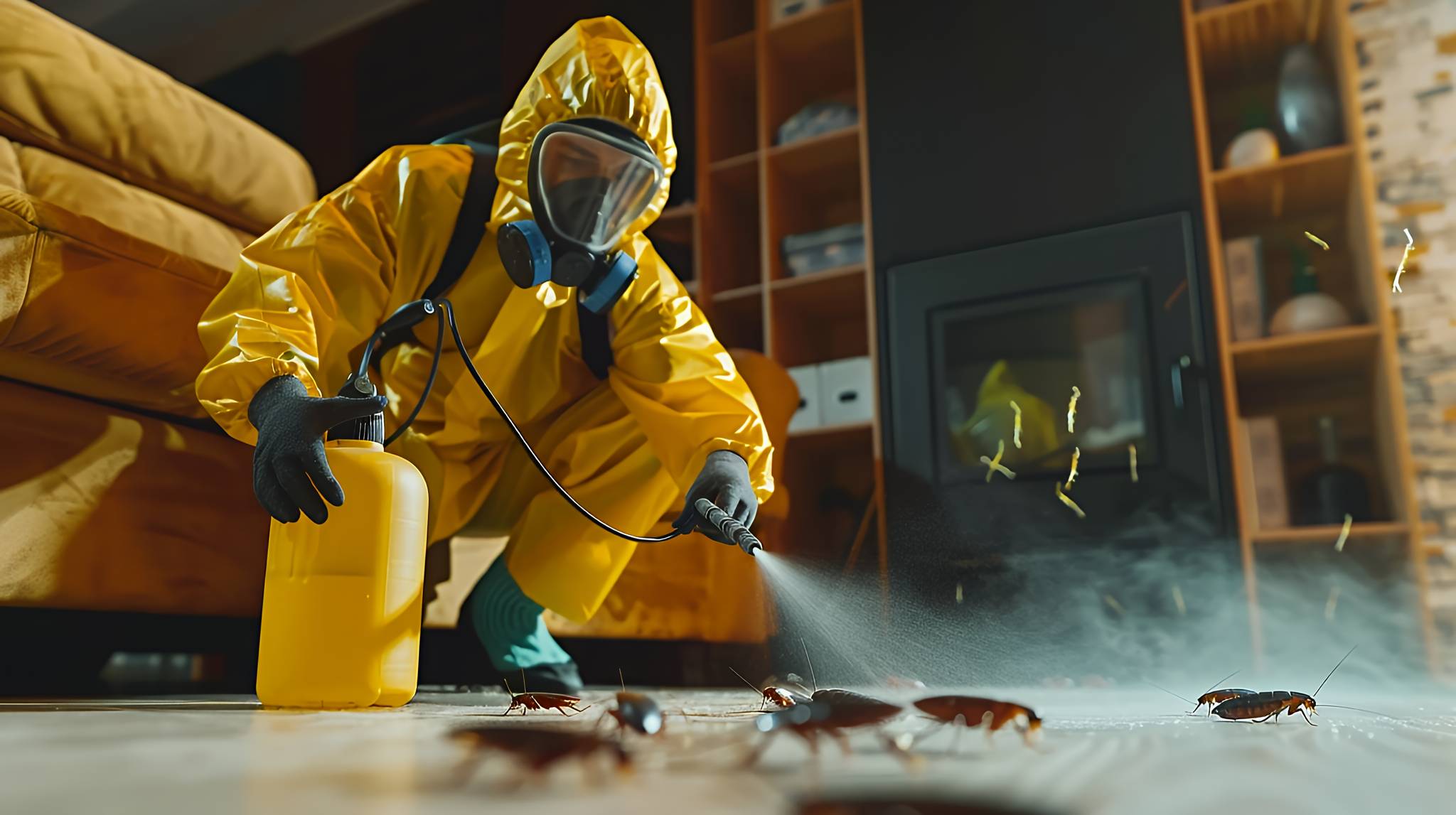 Pest control worker in a hazmat suit