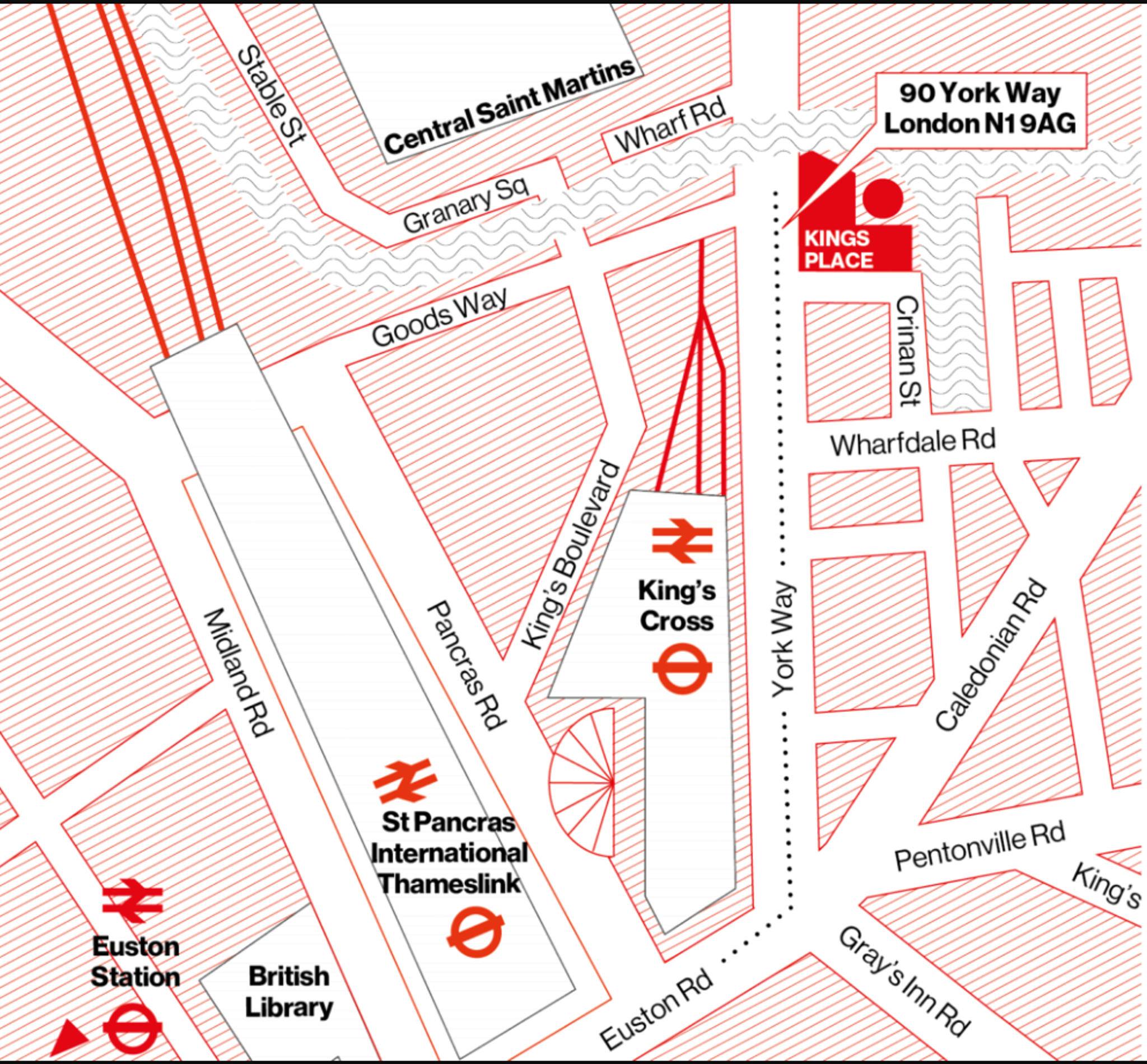 A map showing the route to access the station via York Way, Kings Cross
