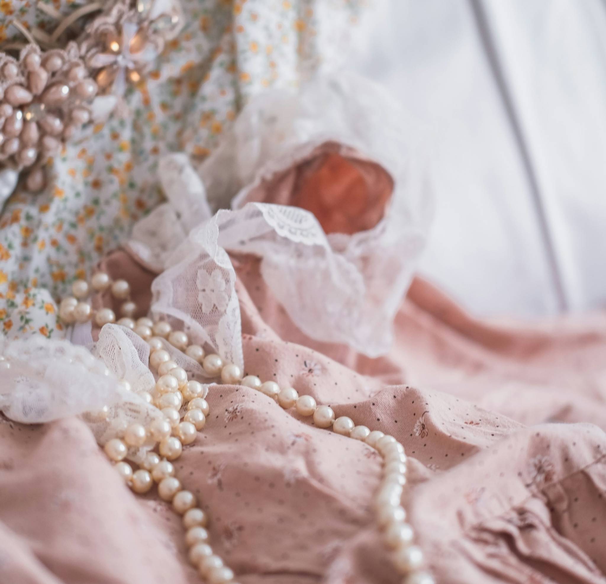 vintage clothes with pearls close up