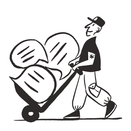 Black and grey Illustration of workman carting speech bubbles