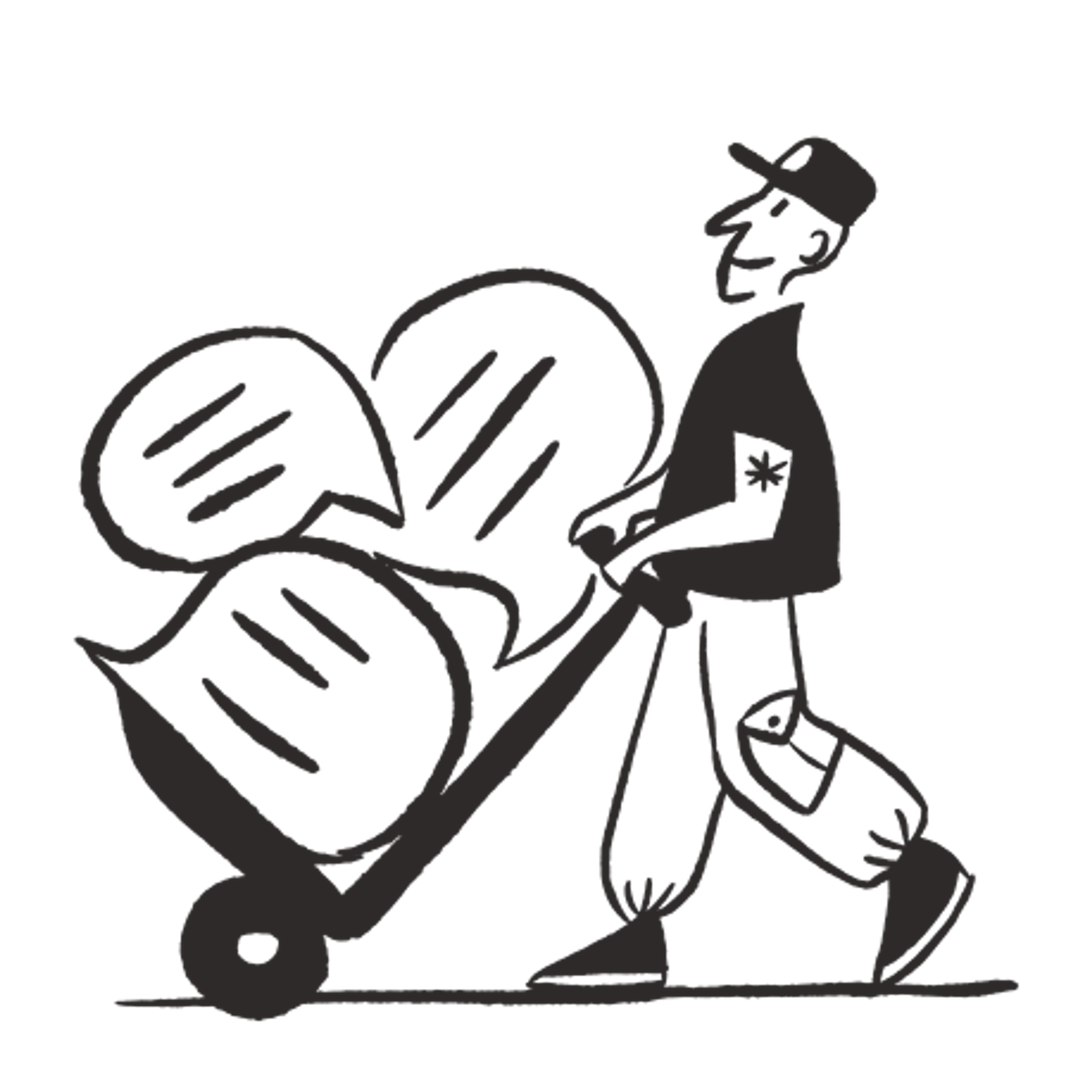 Black and grey Illustration of workman carting speech bubbles