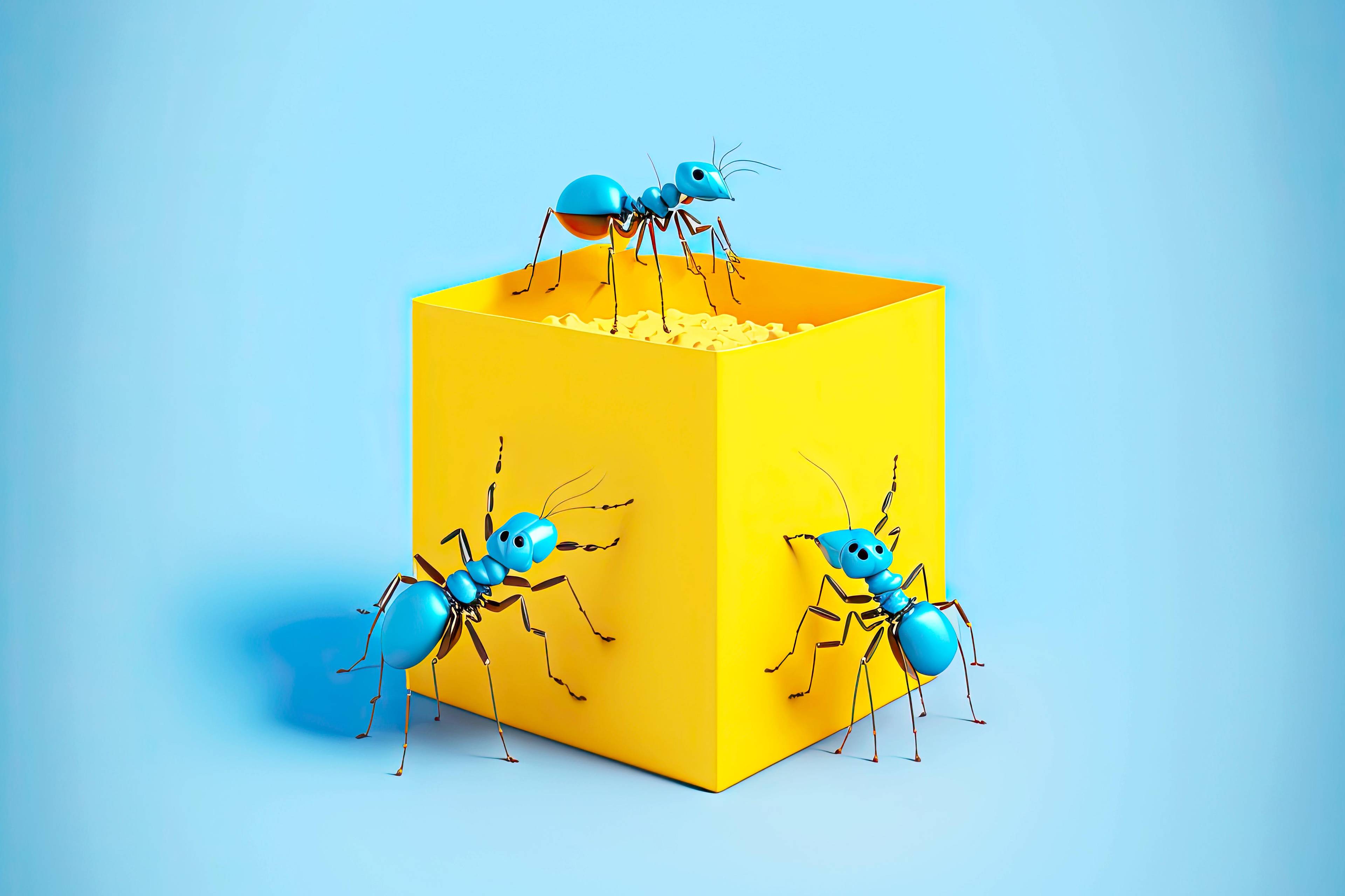 A creative visual of ants crawling over a yellow cube.