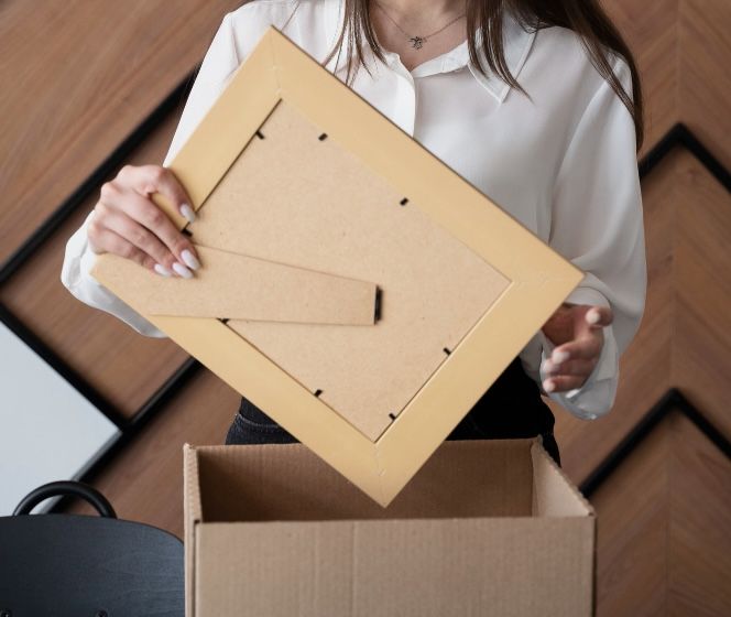 woman in white shirt packing photo in box