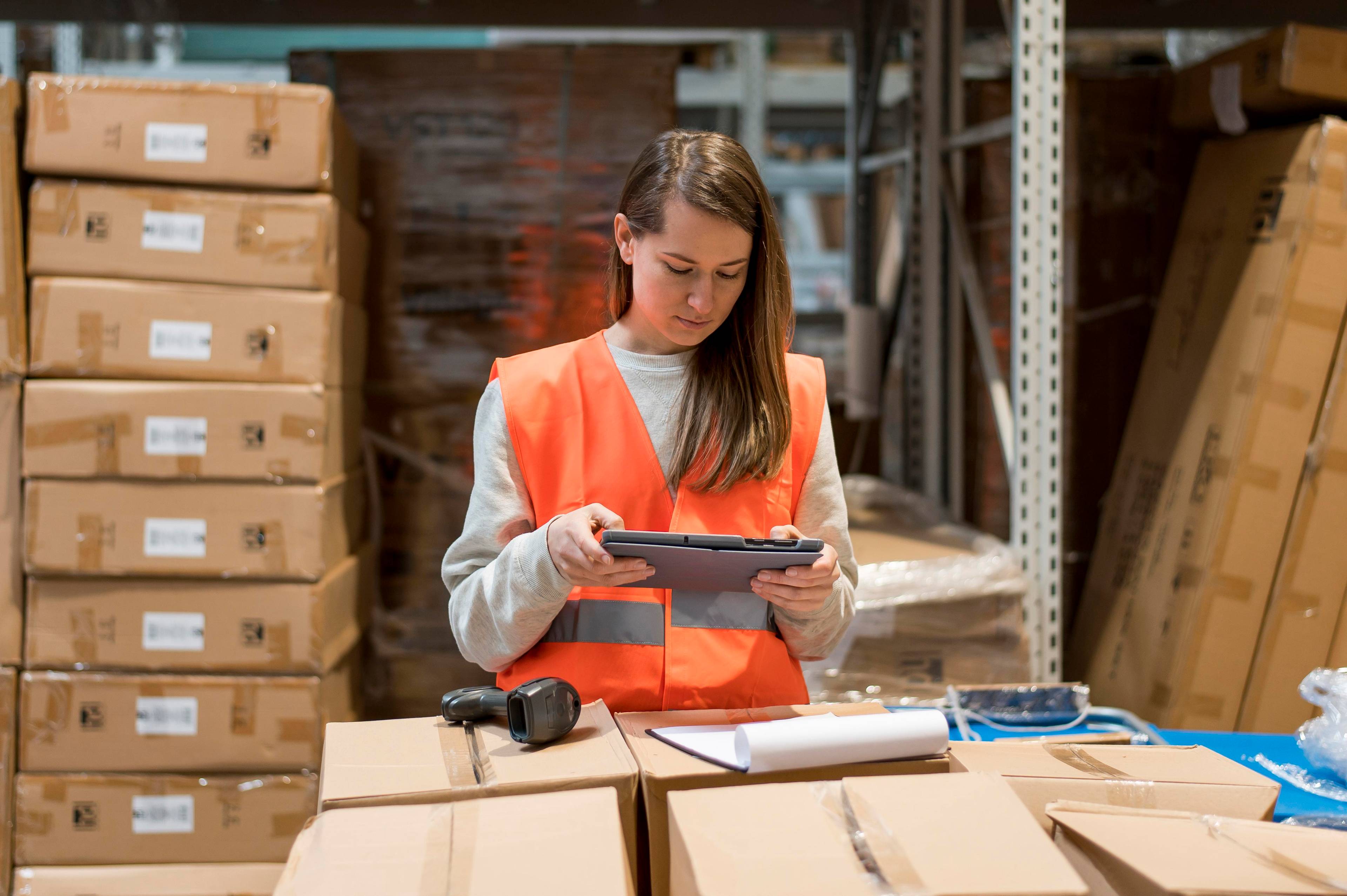 Woman with tablet in warehouse