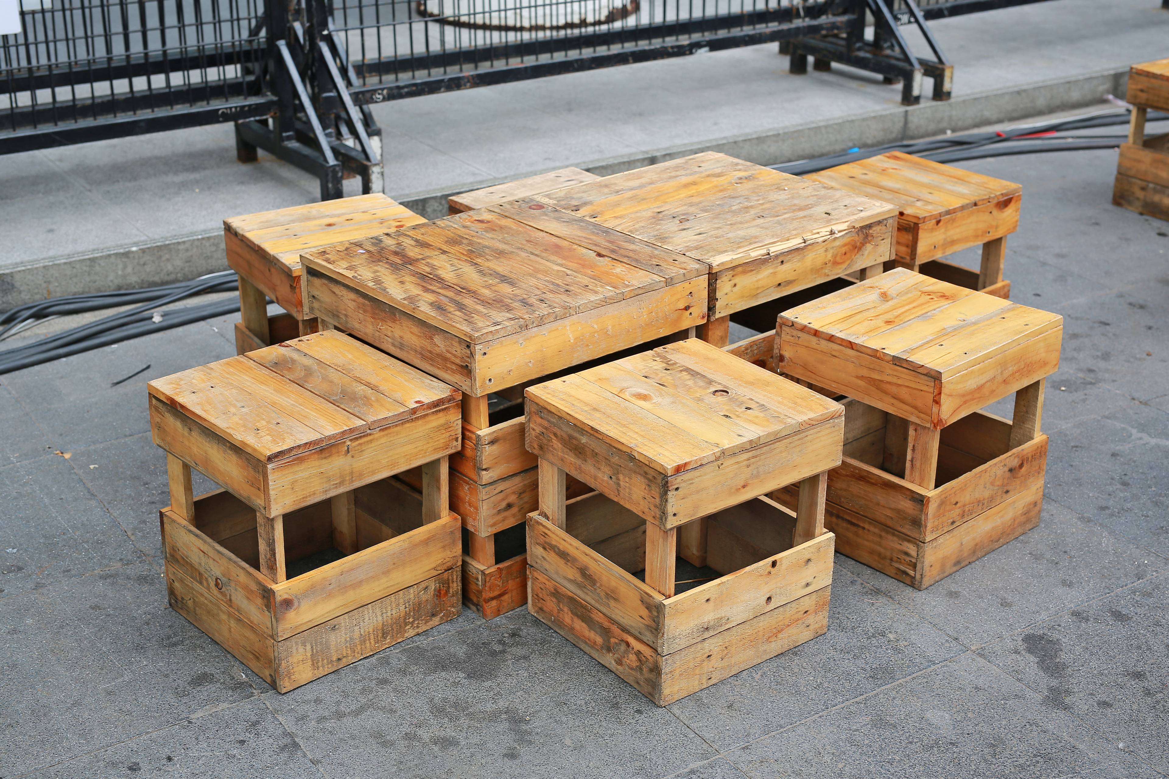 Temporary wood table and stool at street food. Thailand.