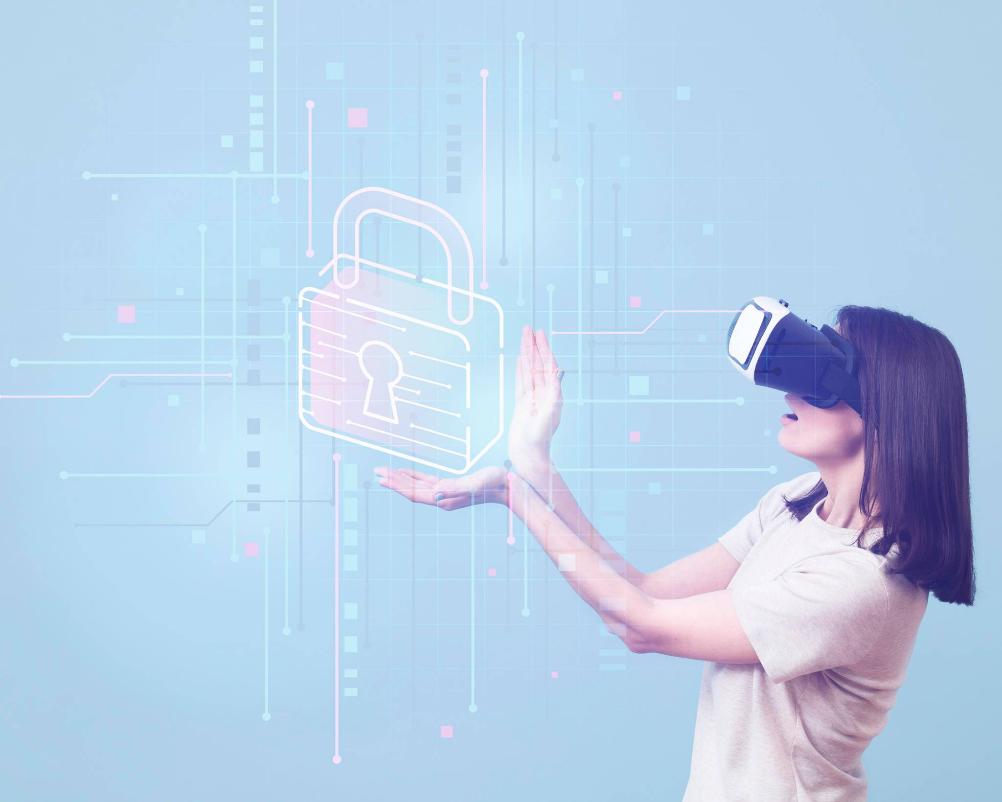 Side view of a woman using virtual reality headphones.