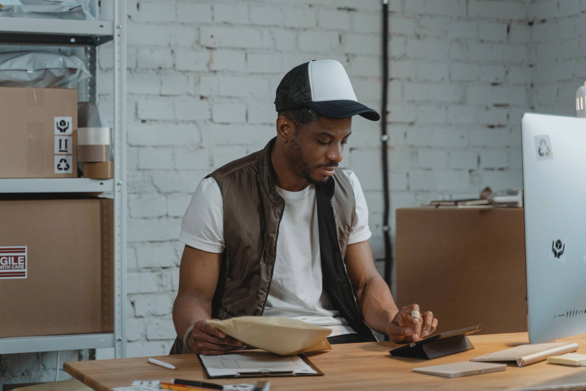 ecommerce business man in storage room with packages on computer working