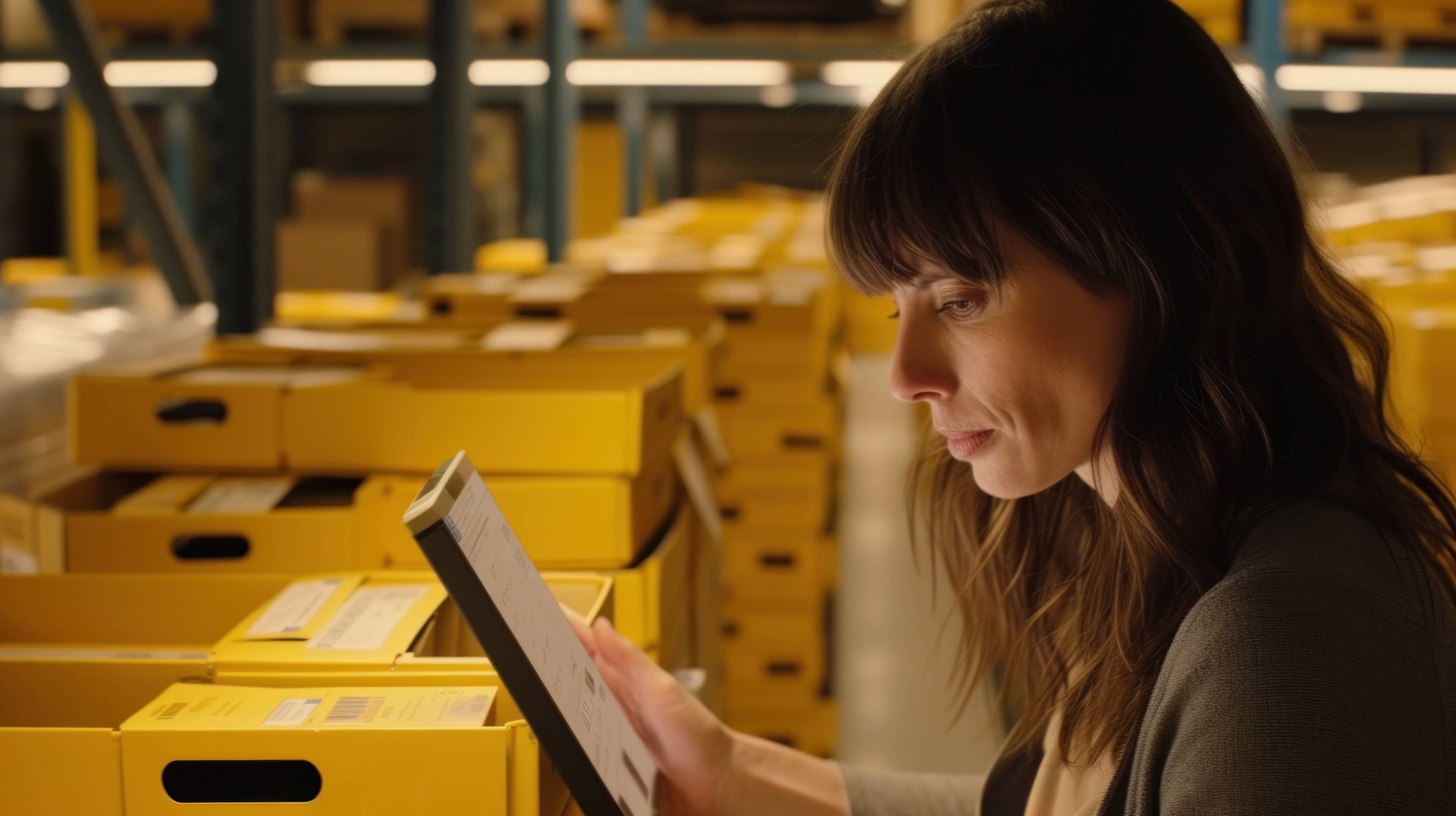 woman carefully inspecting laptop in warehouse