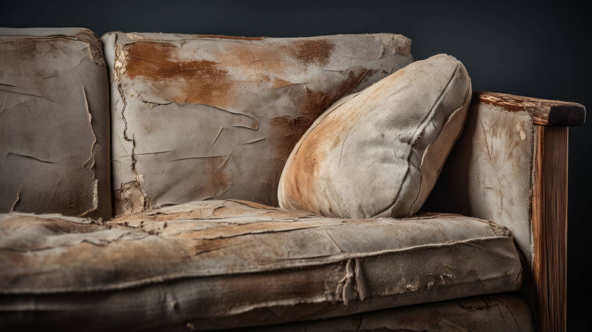 vintage twill sofa old and damaged