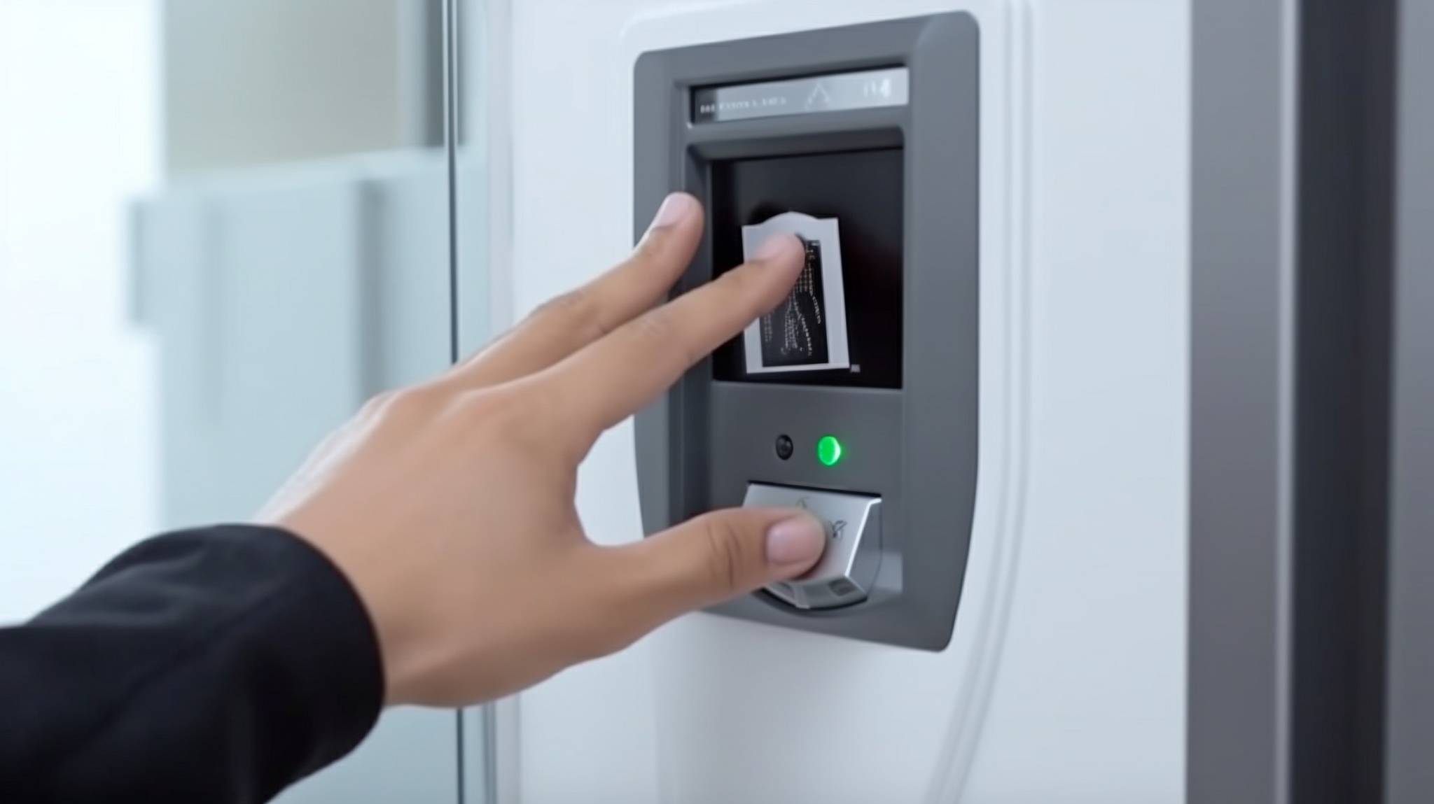 Closeup of man pressing finger into electronic lock.