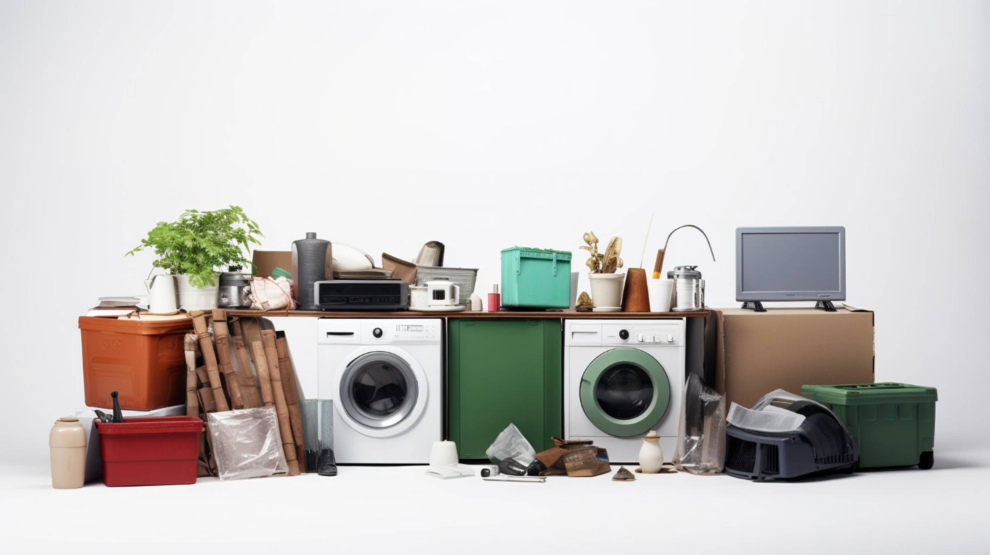 A row of items - washing machine, plant, boxes