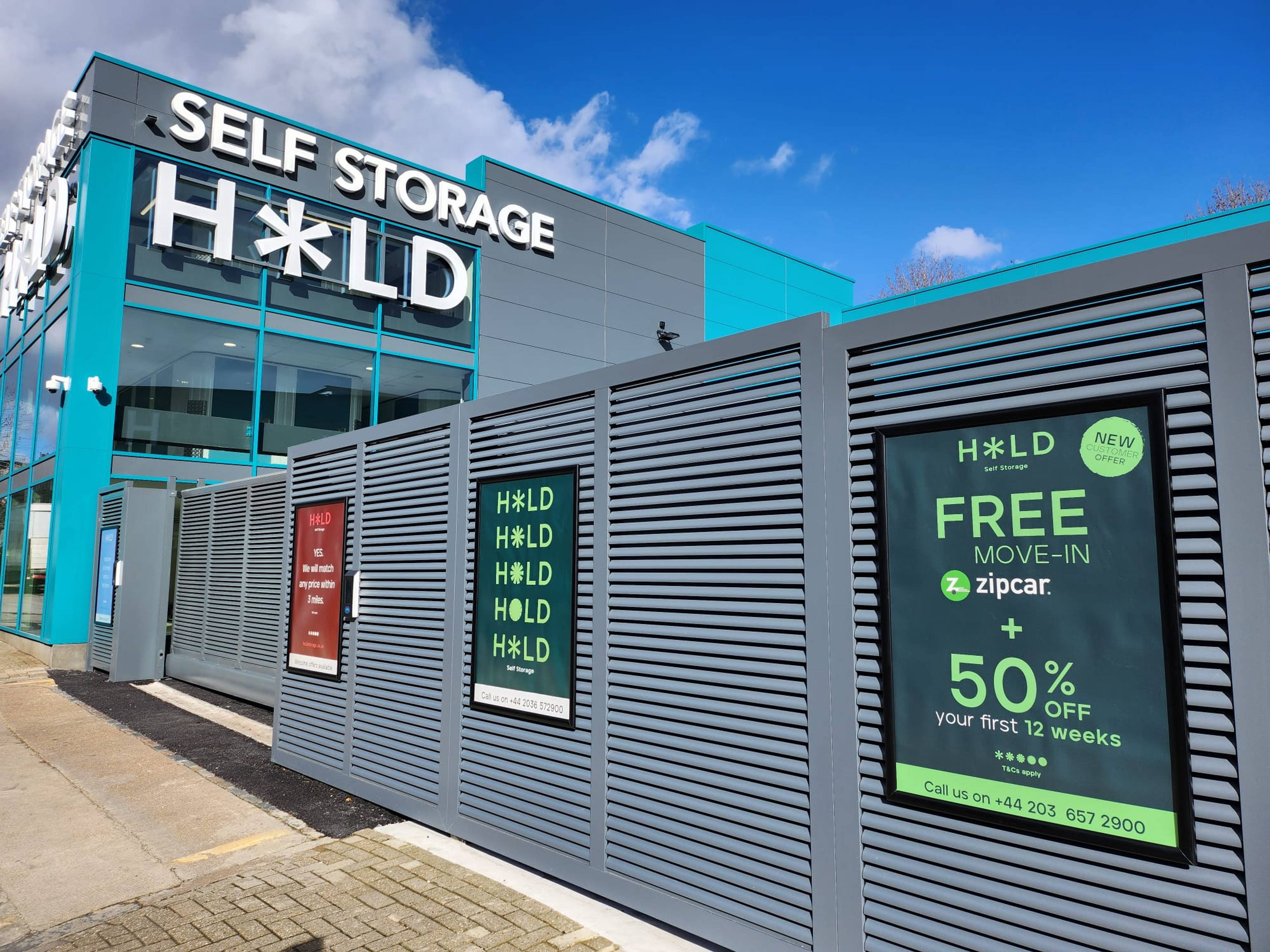 Outdoor view of HOLD self storage facility