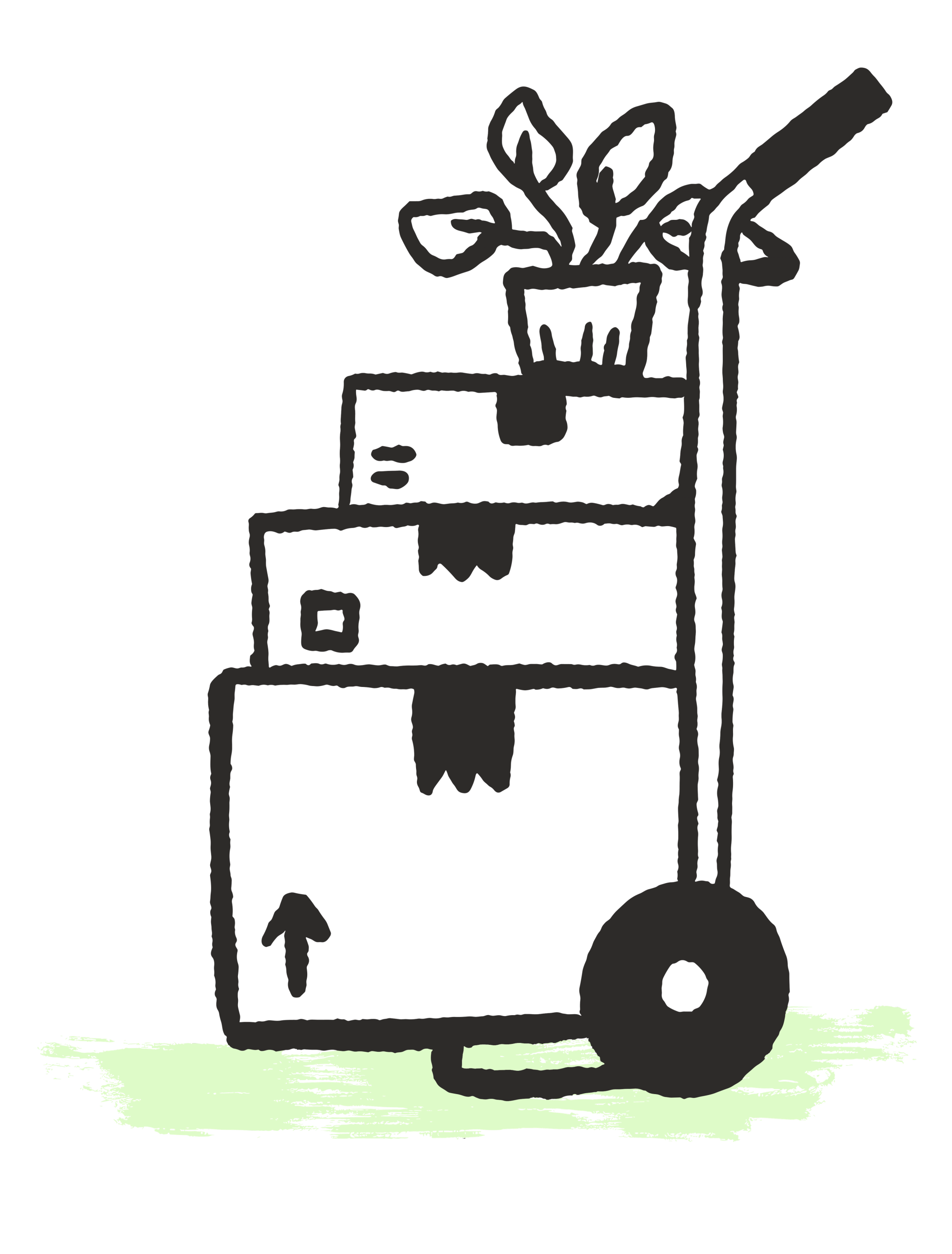 illustration boxes and plant on trolley